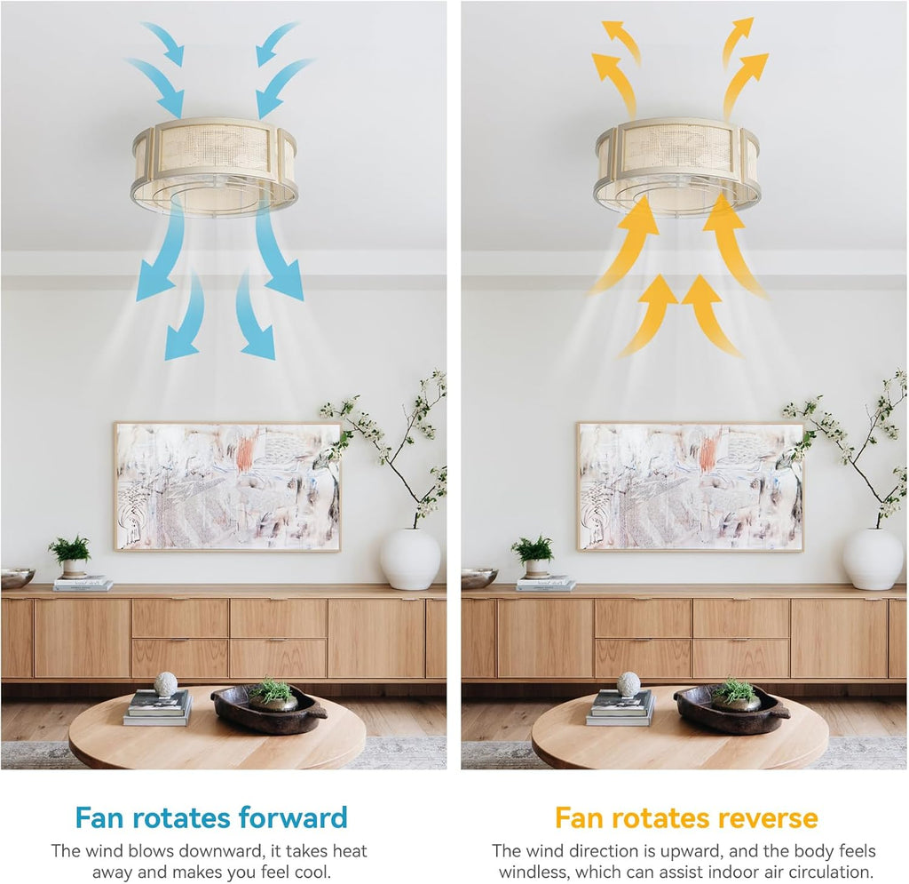 20' Boho Ceiling Fans with Lights, Rattan Flush Mount Ceiling Fan with Light Remote Control with Caged 6 Speeds for Bedroom, Nursery, Living Room (Gold)