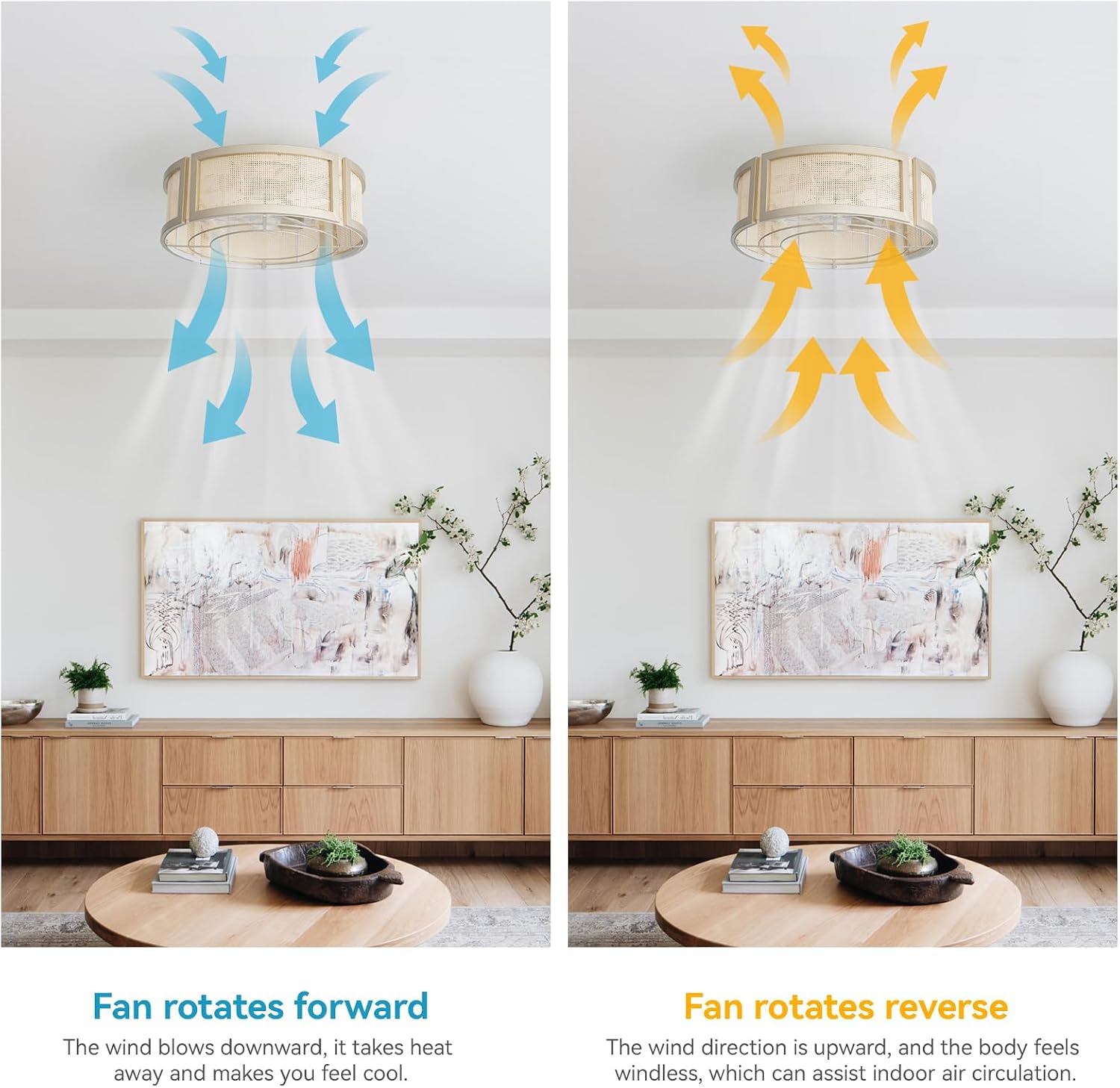 20' Boho Ceiling Fans with Lights, Rattan Flush Mount Ceiling Fan with Light Remote Control with Caged 6 Speeds for Bedroom, Nursery, Living Room (Gold)