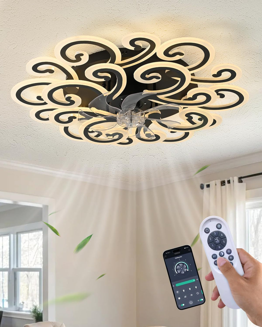 Modern LED Ceiling Light with Decorative Swirl Design, Energy-Efficient Ceiling Fan Lamp, Stylish Black and White Ceiling Light Fixture for Living Room, Bedroom, or Office