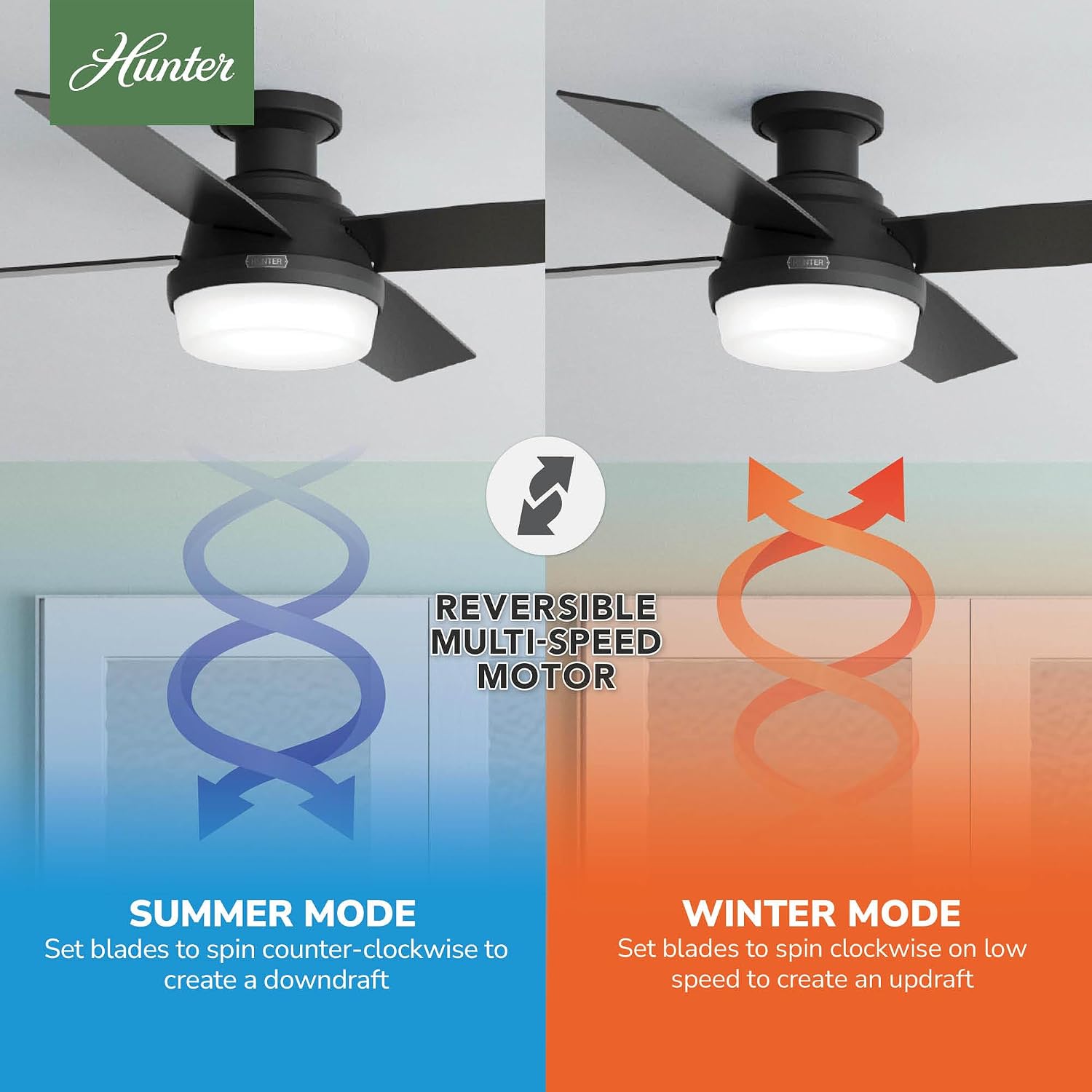 Hunter 52 inch Indoor Ceiling Fan with LED Light and Remote Control - Black Modern Ceiling Fan, Low Profile Mount, 4 Blades, for Bedroom, Living Room, or Kitchen, Quiet - Dempsey 52389, Matte Black