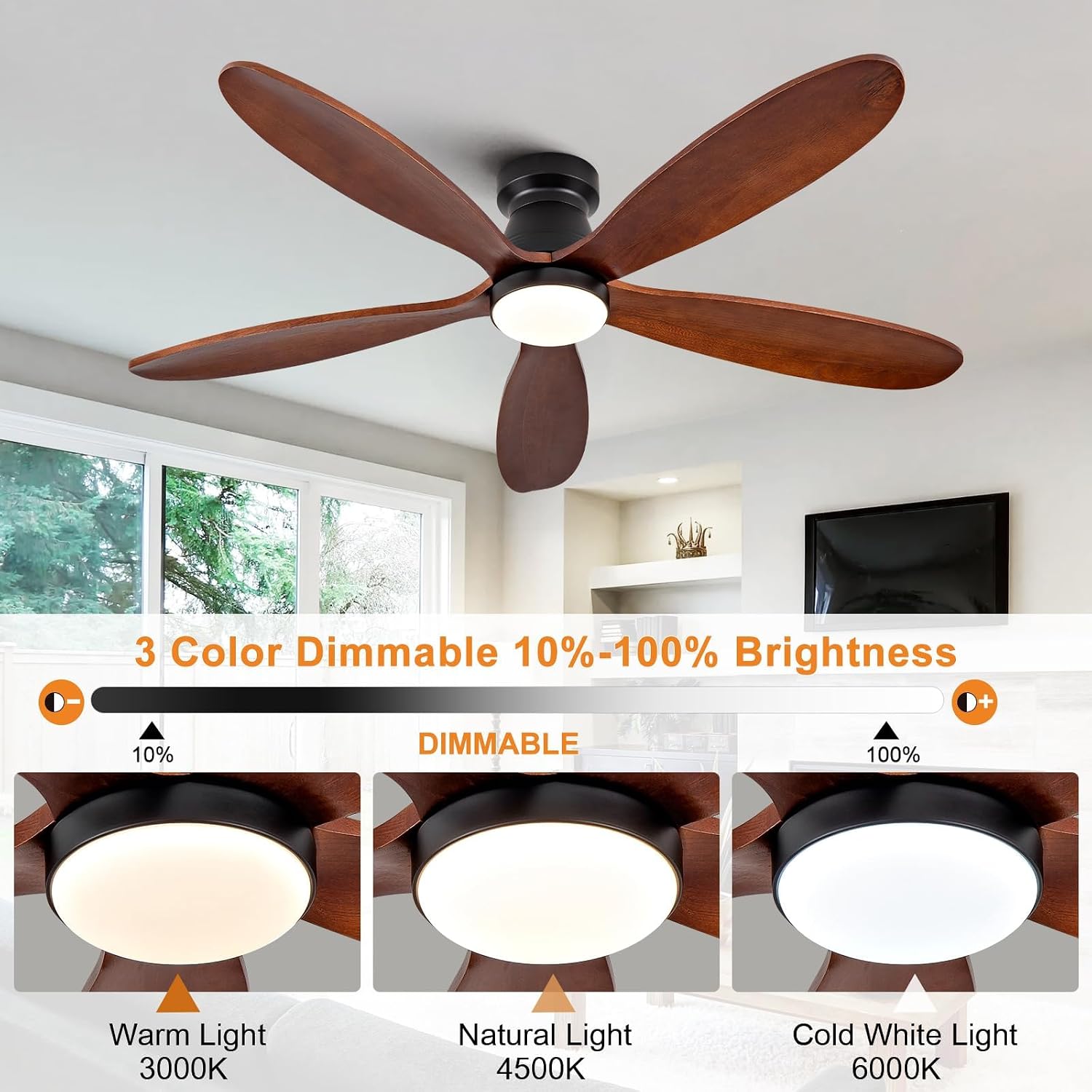 48 Inch Ceiling Fans with Lights and Remote, Low Profile Flush Mount Modern Ceiling Fan with Light, Indoor Outdoor Wood Ceiling Fan for Patio Dining Room, Wall Switch, 6 Speed DC Motor