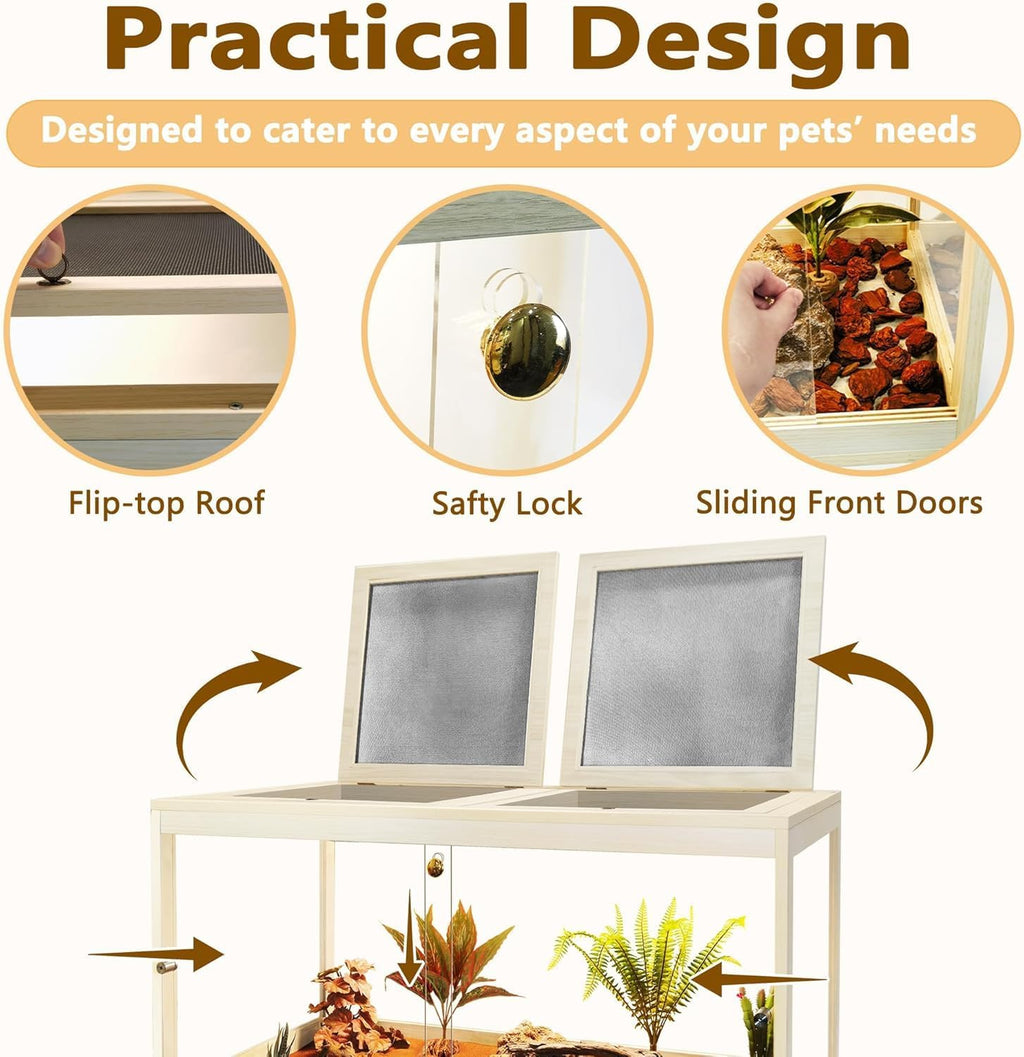 PROLEE Bearded Dragon Tank, Reptile Tank with Meatl Mesh Roof and Front Sliding Door, Lizard Tank,Spacious Reptile Enclosure for Snakes,Lguanas, Chameleons (Oak, 30 Gallons)