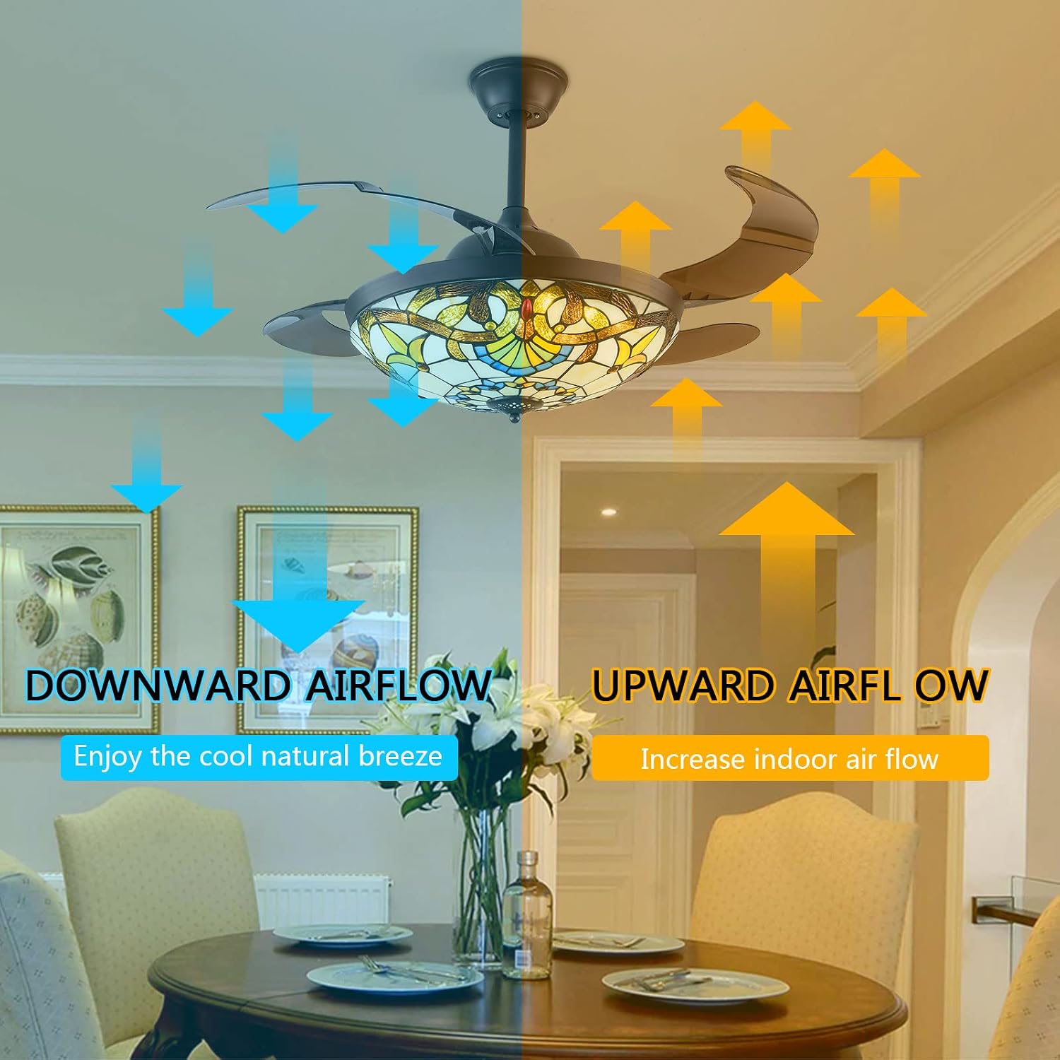 TFCFL 42 Inch Tiffany Style Invisible Ceiling Fan with Lights and Remote Control,Stained Glass Ceiling Fan Vintage Chandelier with Retractable Reverse Blades 6 Speeds 3 Light for Bedroom Living Room