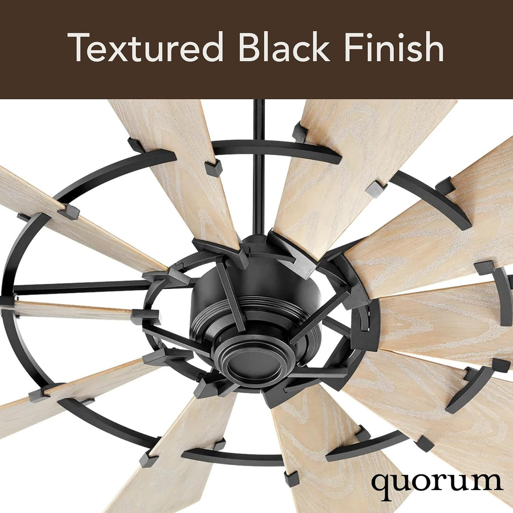Quorum 95210-69 Windmill 52 Inch Ceiling Fan | 10 Blade Wagon Wheel Design | 6 Speed Reversible DC Motor | Remote Control Included | Dry Rated Indoor Fan | Weathered Oak Blades | Textured Black Finish
