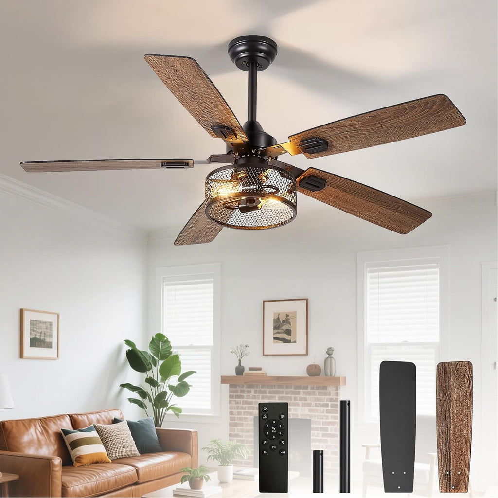 Depuley 52-Inch Ceiling Fans with Lights: Caged Ceiling Fans Dual Finish 5 Blades - Farmhouse Ceiling Fan with Remote Control for Rustic Living Room Outdoor Patio Reversible (Black Walnut)