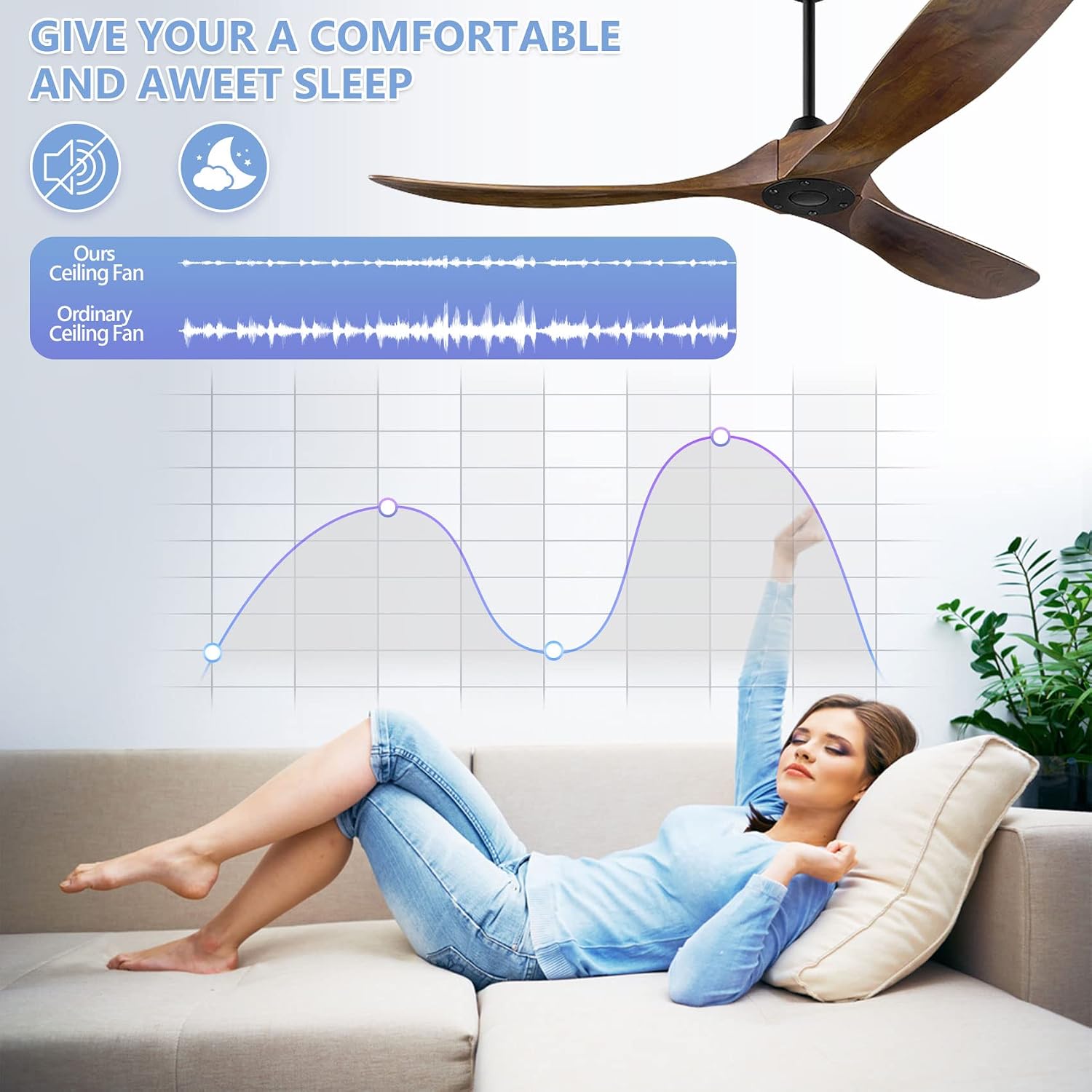 52 Inch Outdoor Ceiling Fan, Wood Ceiling Fan Without Light with Remote Control, 3 Blades Moisture-Proof Large Indoor Fan with 6 Speed Noise-Free DC Motor for Bedroom Patios Kitchen