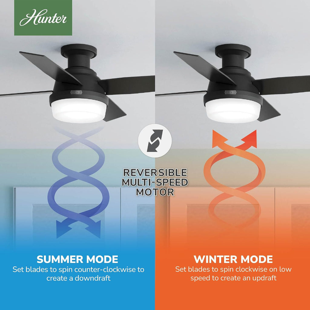 Hunter 44 inch Indoor Ceiling Fan with LED Light and Remote Control - Black Modern Ceiling Fan, Low Profile Mount, 4 Blades, For Bedroom, Living Room, or Kitchen, Quiet - Dempsey 52390, Matte Black