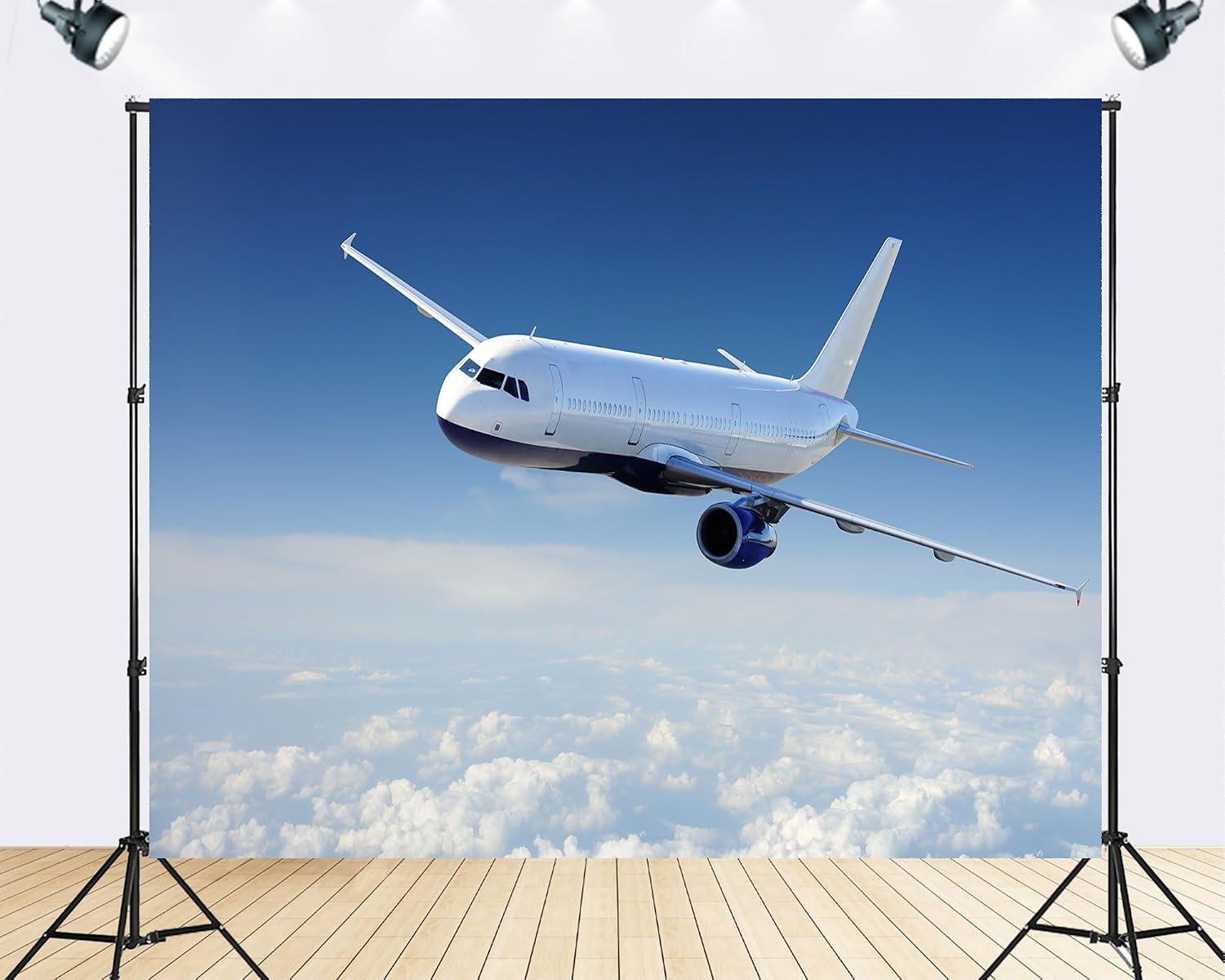 Trykid 20x10ft White Airplane Blue Sky Backdrop Commercial Jet Flight Photography Background Travel Adventure Themed Party Decoration Tapestry Photo Booth Prop Fabric