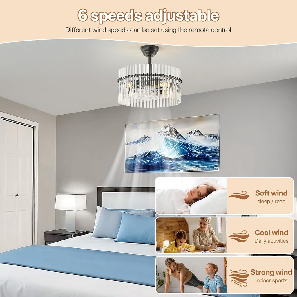 20' Black Crystal Fandelier Ceiling Fans with Lights, Black Crystal Chandelier Ceiling Fan with Light Remote Control, 6 Speeds for Bedroom, Living Room, Nursery