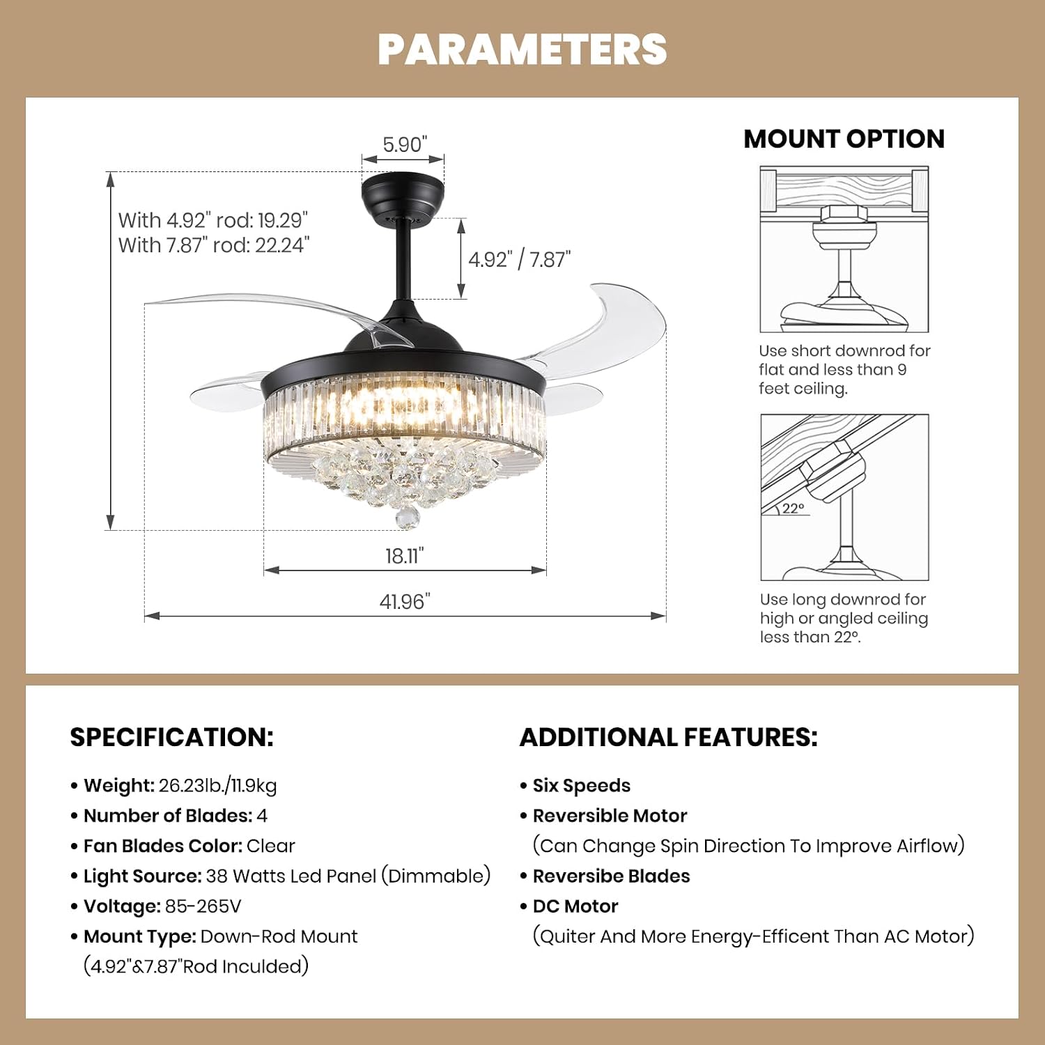 Fandelier Ceiling Fan with Light, 42'' Retractable Ceiling Fans,Crystal Chandelier Fan with LED Dimmable for Bedroom Living Room etc-Black