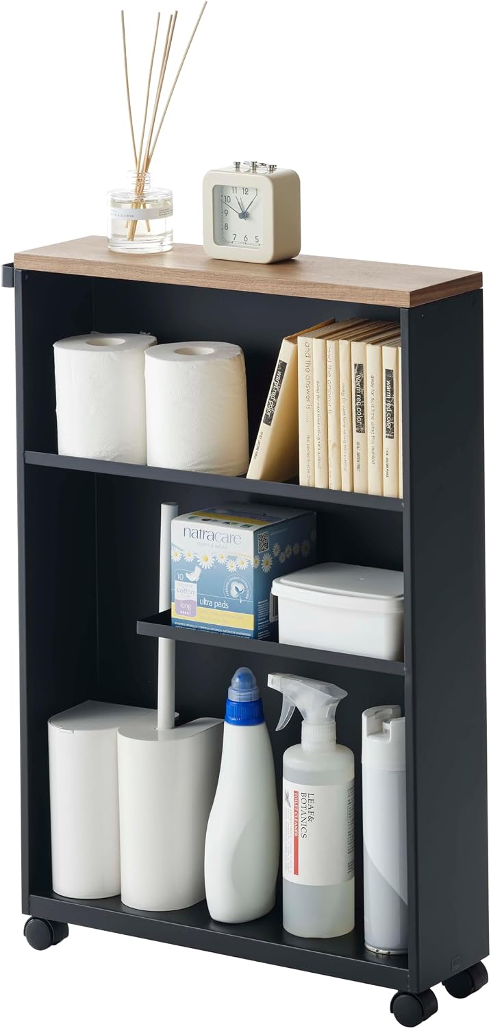 YAMAZAKI Home Slim Rolling Storage Cart – Narrow Bathroom Storage Cabinet with Handle, Slim Bathroom Storage Cart with Wheels, Easy Assembly, Steel + Wood, Black