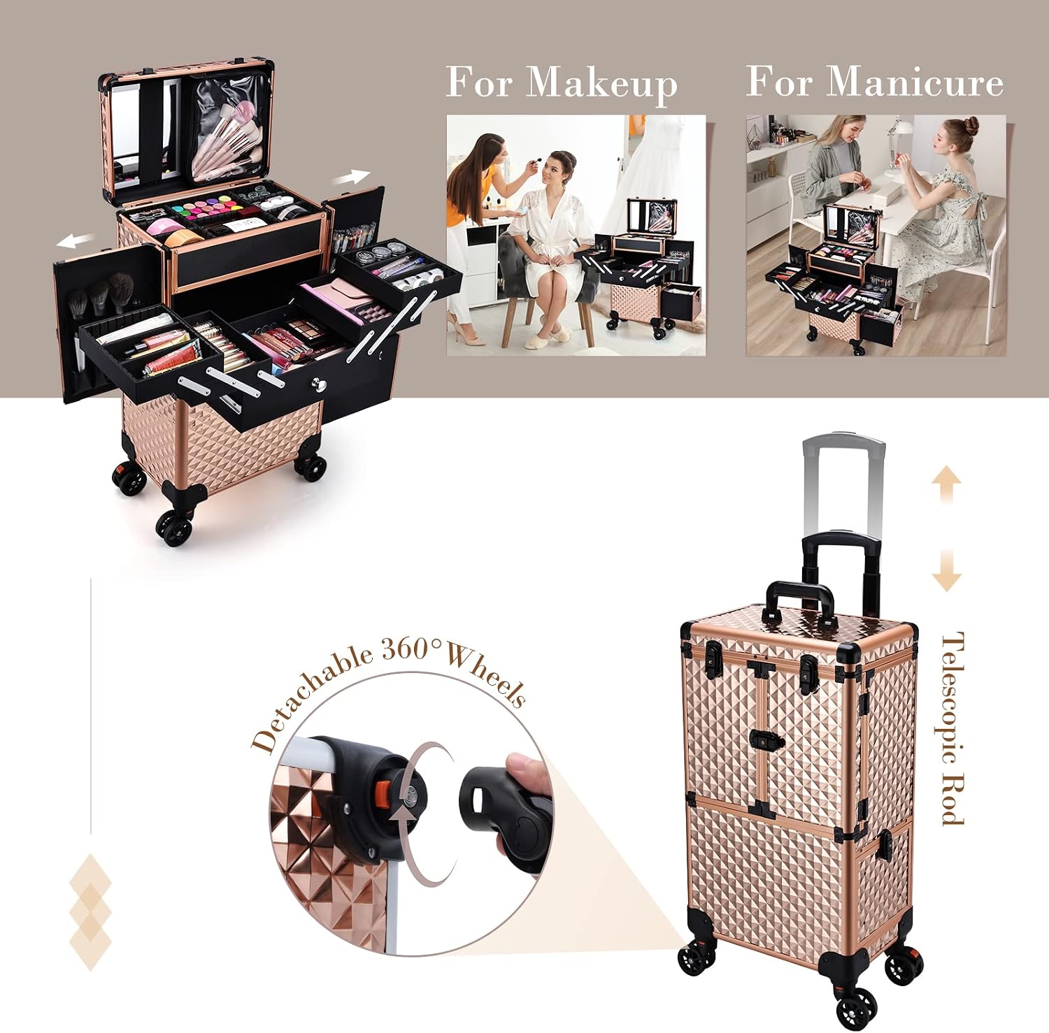 Professional Makeup Artist Rolling Train Case Multi-functional Cosmetic Train Case Large Trolley Storage Case for Nail Technicians Cosmetology Case for Hairstylist Rose Gold