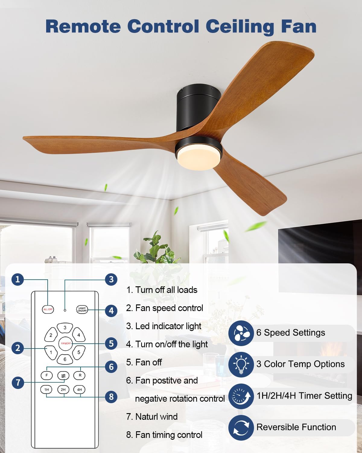 60 Inch Ceiling Fans with Lights Remote, 60' Flush Mount Outdoor Ceiling Fan Exterior, 3 Wood Blades, 6 Speeds, Timer, Quiet DC Motor Modern Low Profile Fan for Patio, 60in,Brown and Black