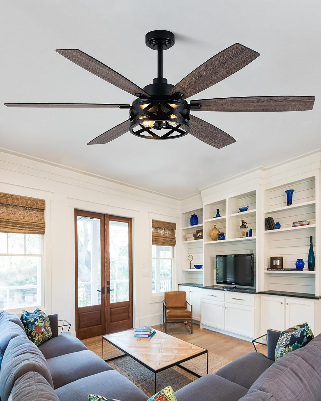 60' Farmhouse Ceiling Fan with Lights and Remote,6-Speed DC Motor Industrial Caged Ceiling Fan,Reversible Blades,Timer,2-Color Blades for Bedroom Living Room (E26 Bulbs Not Included)