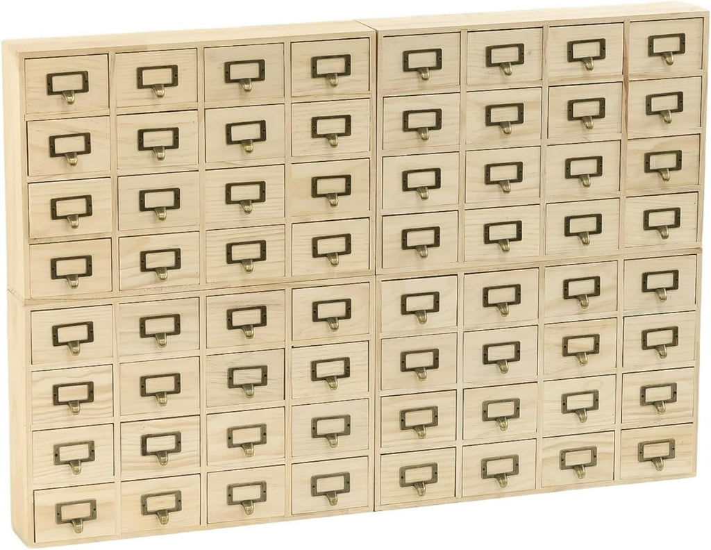 Creative Storage Wall 64-Drawer Modular Apothecary Cabinet, Stackable Light Wood Library Card Catalog Organizer with Label Holders, for Stickers, Beads, Pins, Stamps & Scrapbooking