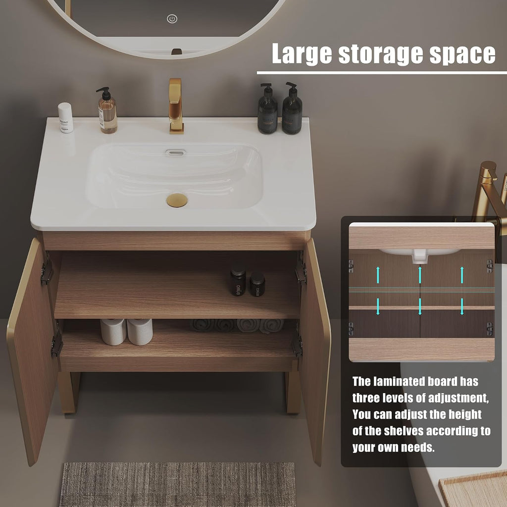 30' Bathroom Vanity with Sink, Modern Freestanding Bathroom Cabinet with Top, Integrated Basin, 2 Soft-Close Doors, Adjustable Shelf, Spacious Storage for Small Space, Oak - Dalia Collection