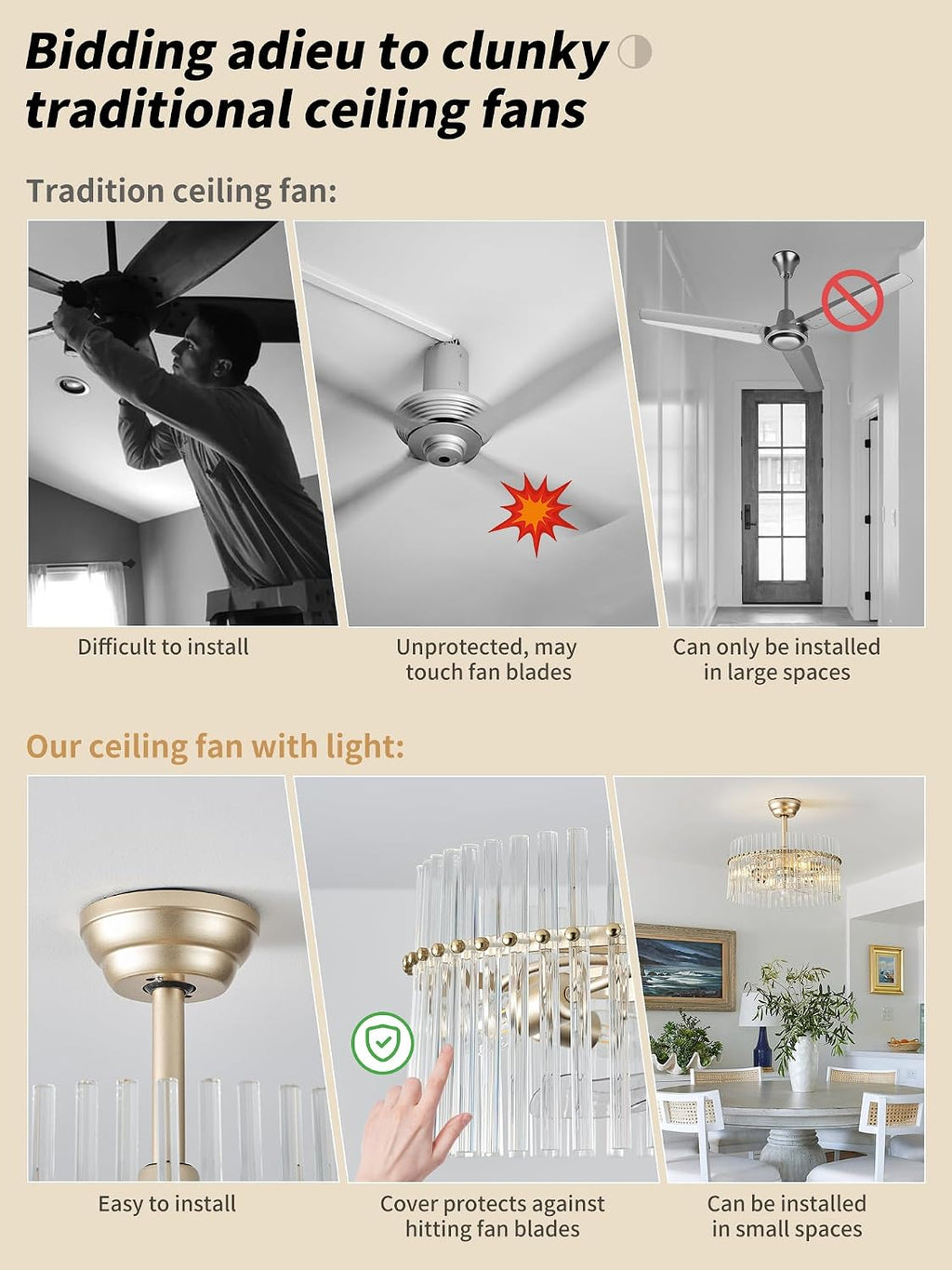 SYDACG 20' Gold and Clear Crystal Fandelier Ceiling Fan with Light, Mid-Century Chandelier Ceiling Fan with Light Remote Control, 6 Speeds for Bedroom, Nursery, Living Room