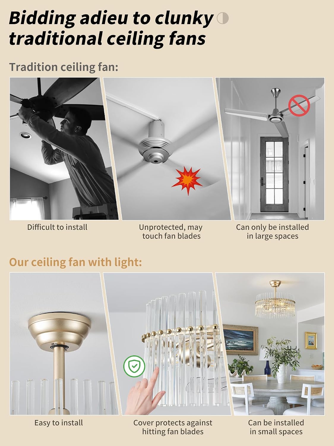 SYDACG 20' Gold and Clear Crystal Fandelier Ceiling Fan with Light, Mid-Century Chandelier Ceiling Fan with Light Remote Control, 6 Speeds for Bedroom, Nursery, Living Room