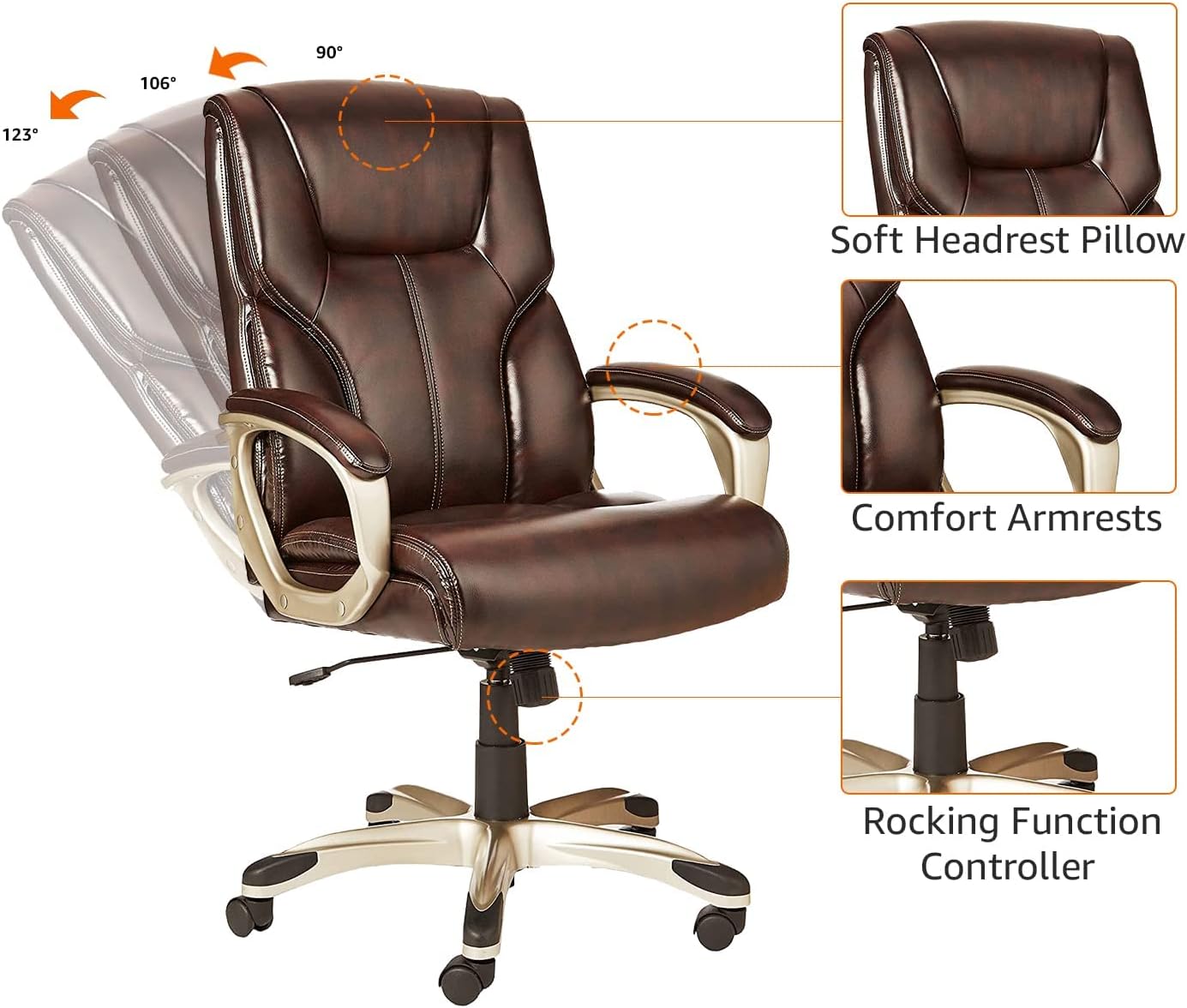Amazon Basics Executive Home Office Desk Chair with Padded Armrests, Adjustable Height and Tilt, Rolling Swivel Chair, 275 Pound Capacity, Brown and Gold