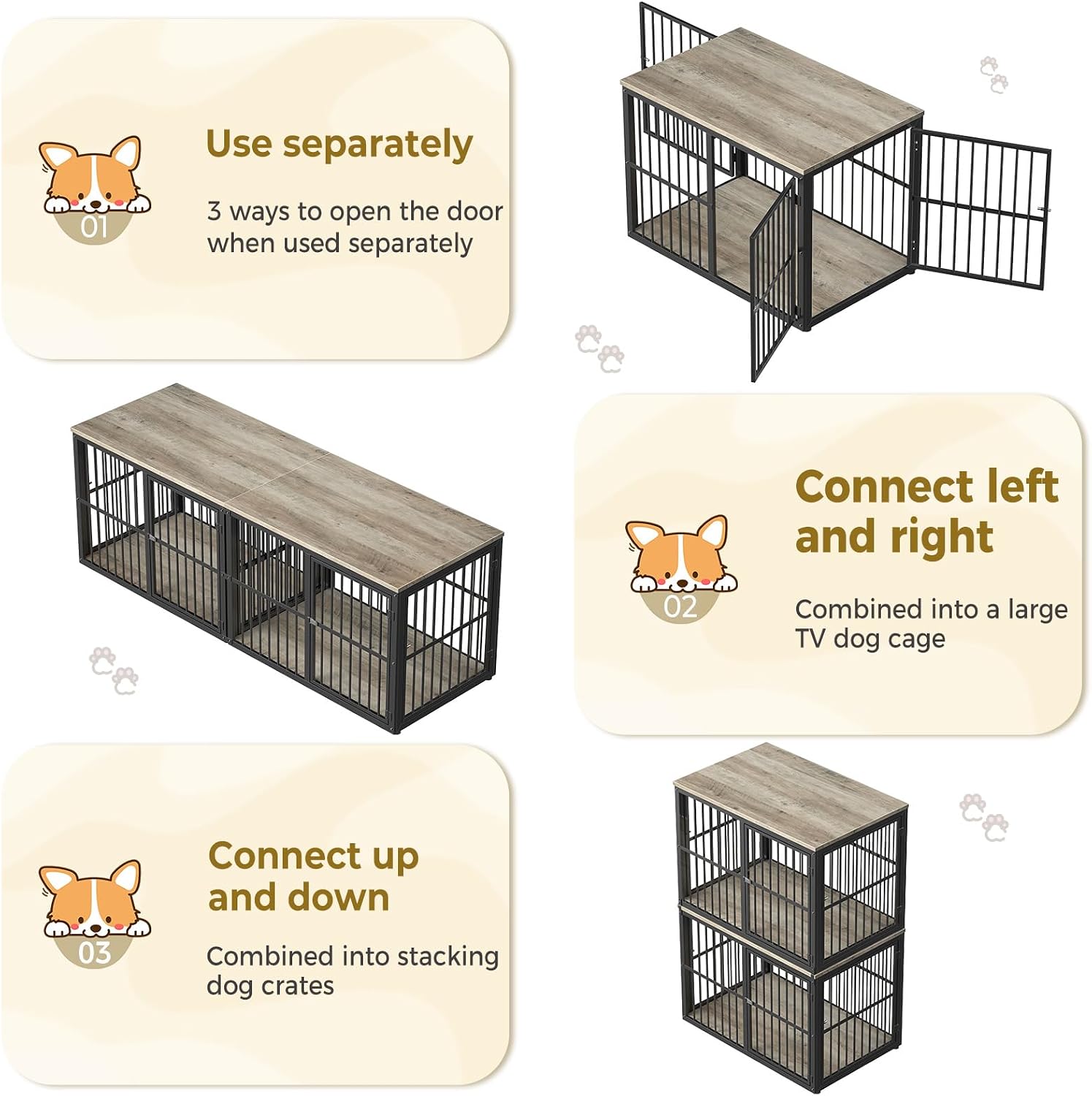 Lyromix 43'' Stackable Dog Crate Furniture Large Breed with Double Rooms,Wooden Dog Crate Heavy Duty Dog Kennel Indoor with Removable Divider for Small to Medium Dogs, Can Use Separately