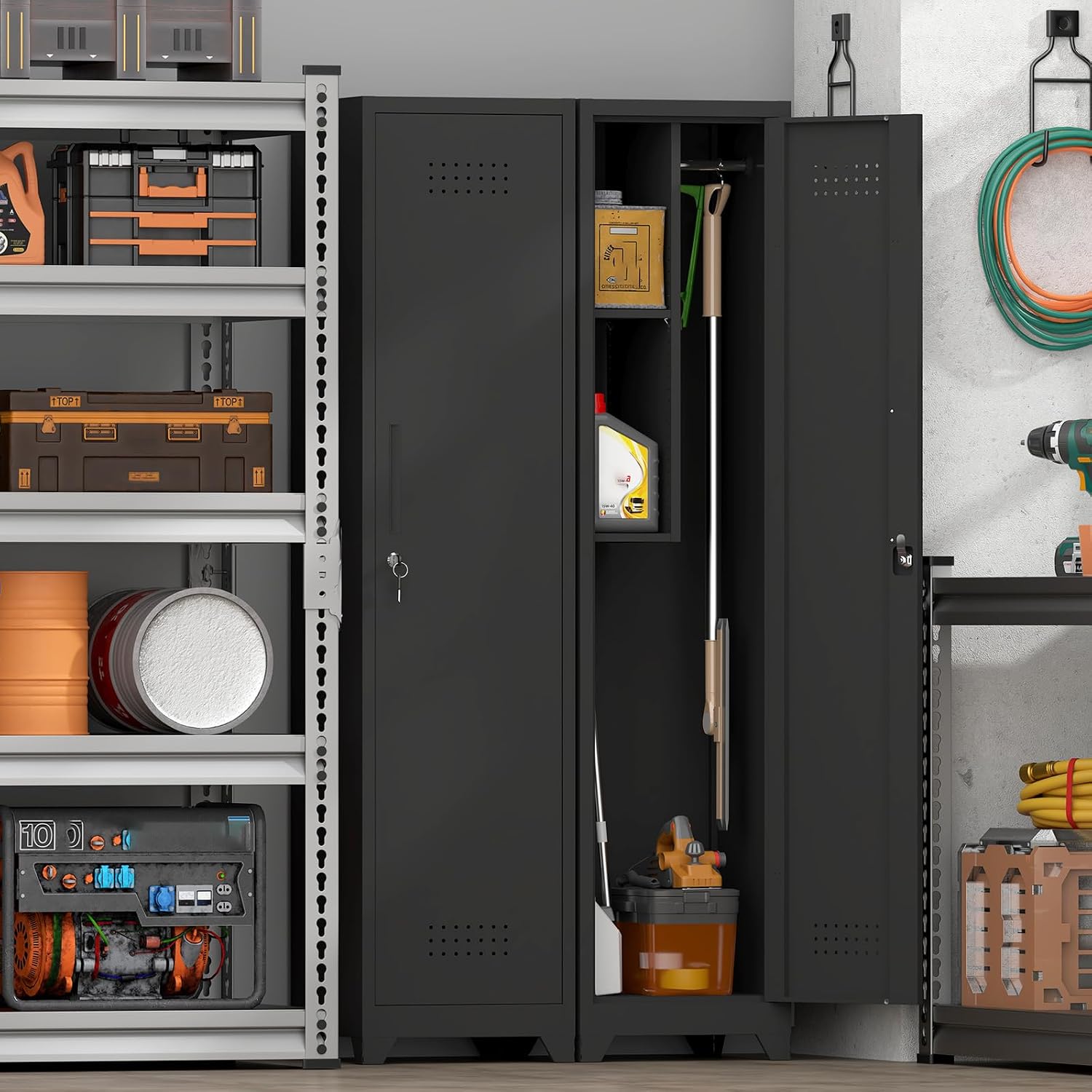 GREATMEET Slim Broom Storage Cabinets, Metal Garage Cabinet with Shelves and Hanging Rod, Black Utility Cabinet with Locking Door, Slim Cabinet for Small Spaces Cleaning Supplies, Shop