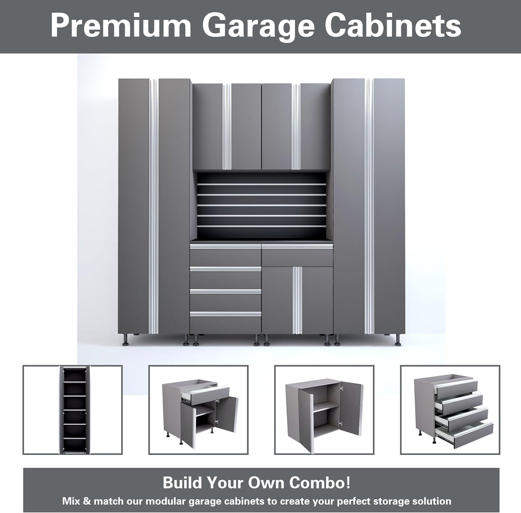 Premium Garage Cabinets 7' Storage Sets Solution with Adjustable Legs, Soft-Close Drawer & Door, Integrated Handles, Heavy Duty Plywood Box Construction, Tool and Equipment Organizer (Combo 7CS-012B)