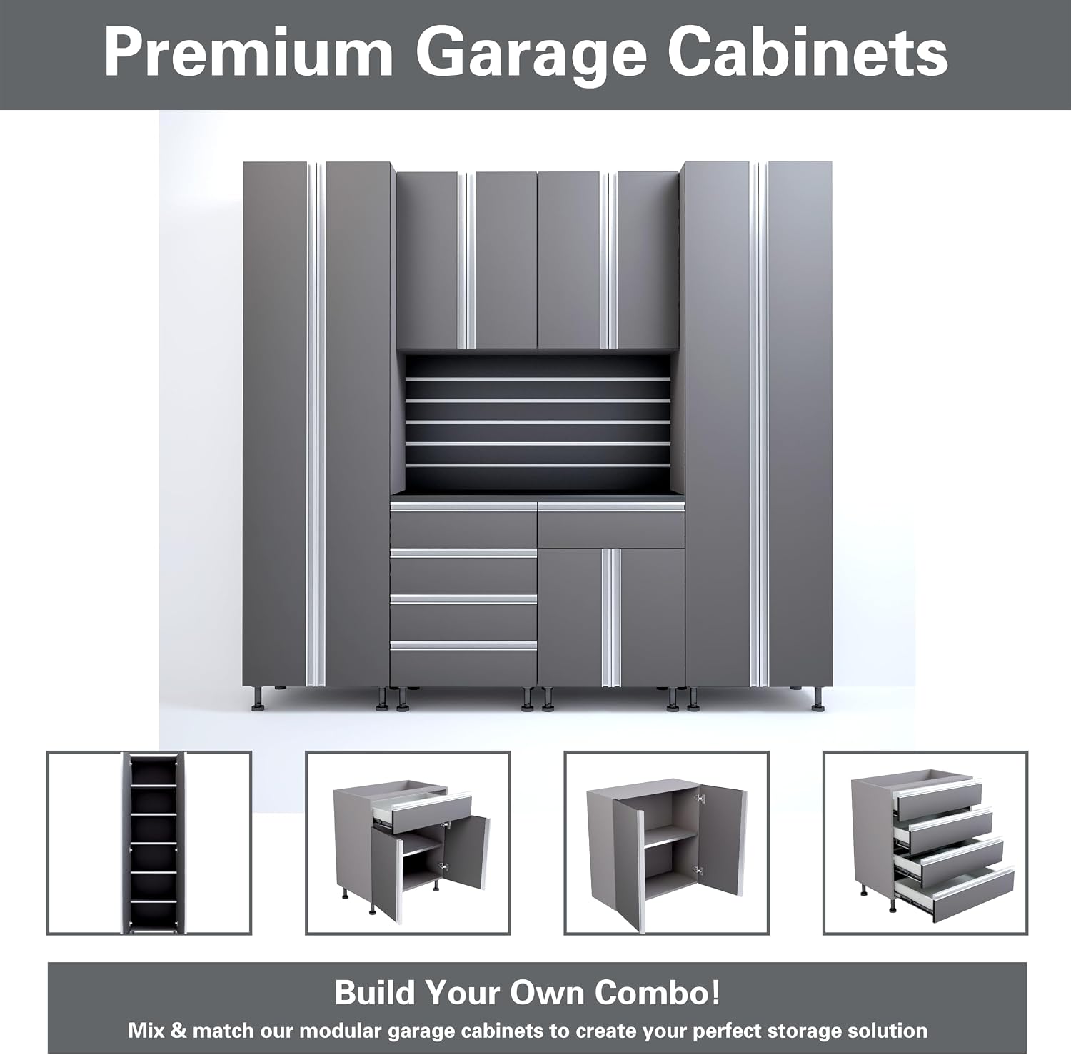 Premium Garage Cabinets 7' Storage Sets Solution with Adjustable Legs, Soft-Close Drawer & Door, Integrated Handles, Heavy Duty Plywood Box Construction, Tool and Equipment Organizer (Combo 7CS-012B)