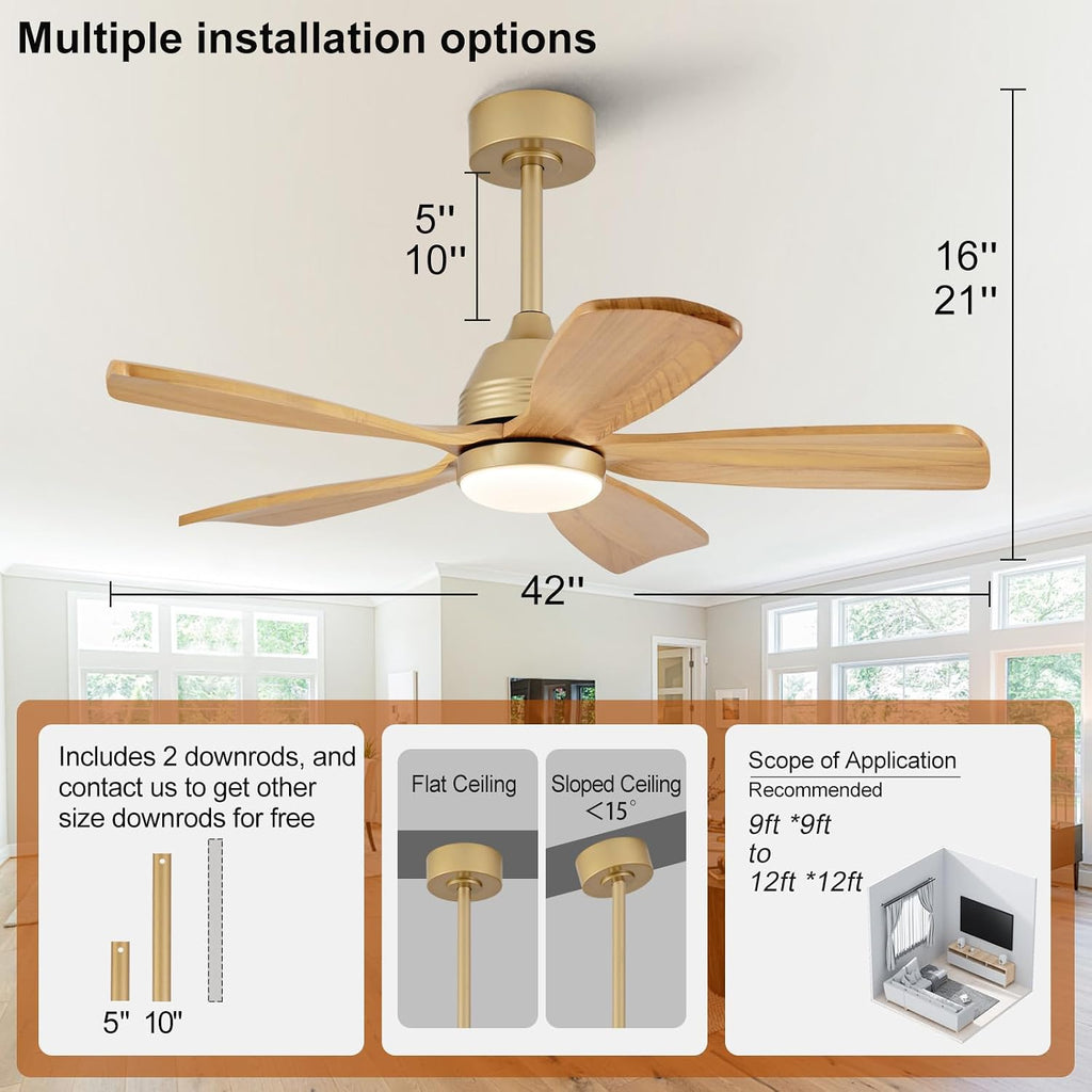 42 Inch Ceiling Fans with Lights and Remote, 5 Blades Wood Ceiling Fan with Light, Dimmable, Wall Switch, Reversible DC Motor, Modern Indoor Outdoor Ceiling Fans for Patios Bedroom (Gold)