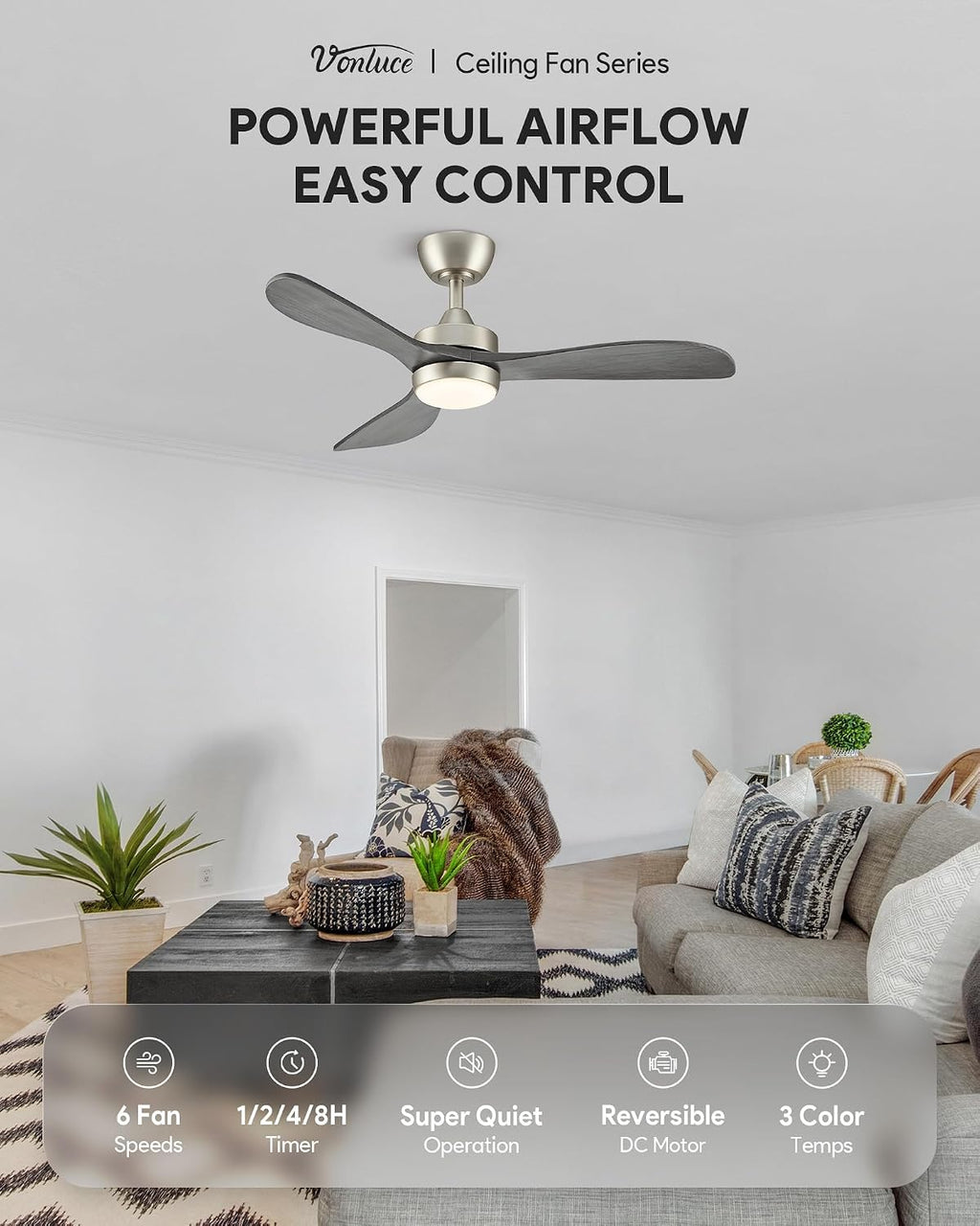 VONLUCE Wood Ceiling Fan with Lights, 42 Inch Ceiling Fan and Remote, 6-Speeds Quiet Reversible DC Motor, 3CCT, 3 Blades Outdoor Ceiling Fan for Patios Farmhouse, Nickel