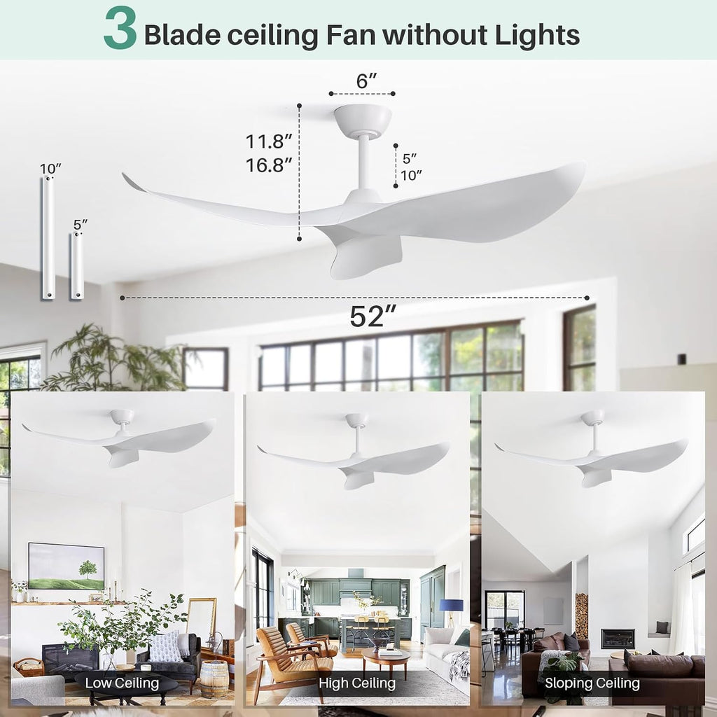 CACI Mall 52' White Ceiling Fan No Light, Modern, Remote Control, Low Profile, 3 Blades Ceiling Fan with Noiseless Reversible Dc Motor for Living room, Bedroom