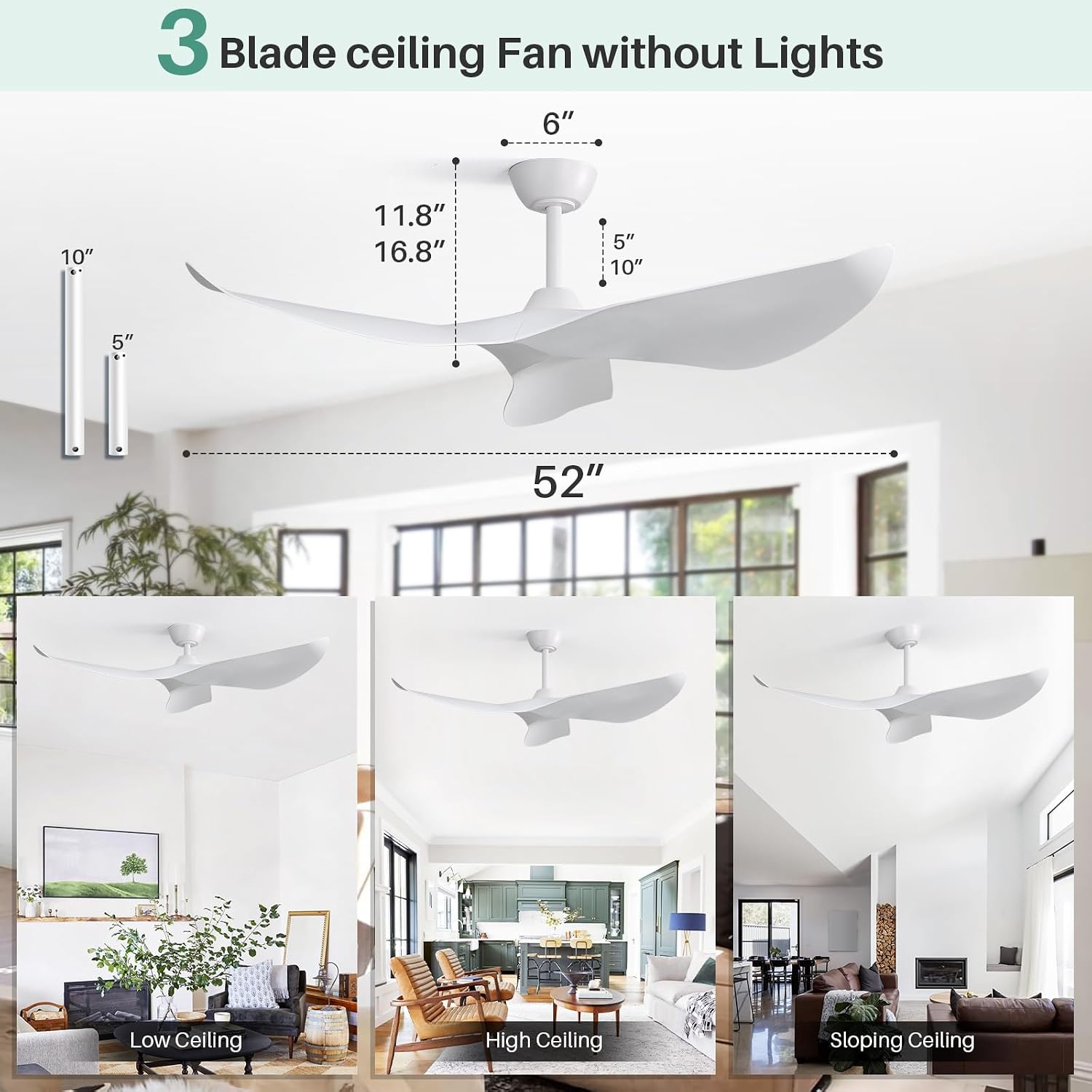 CACI Mall 52' White Ceiling Fan No Light, Modern, Remote Control, Low Profile, 3 Blades Ceiling Fan with Noiseless Reversible Dc Motor for Living room, Bedroom