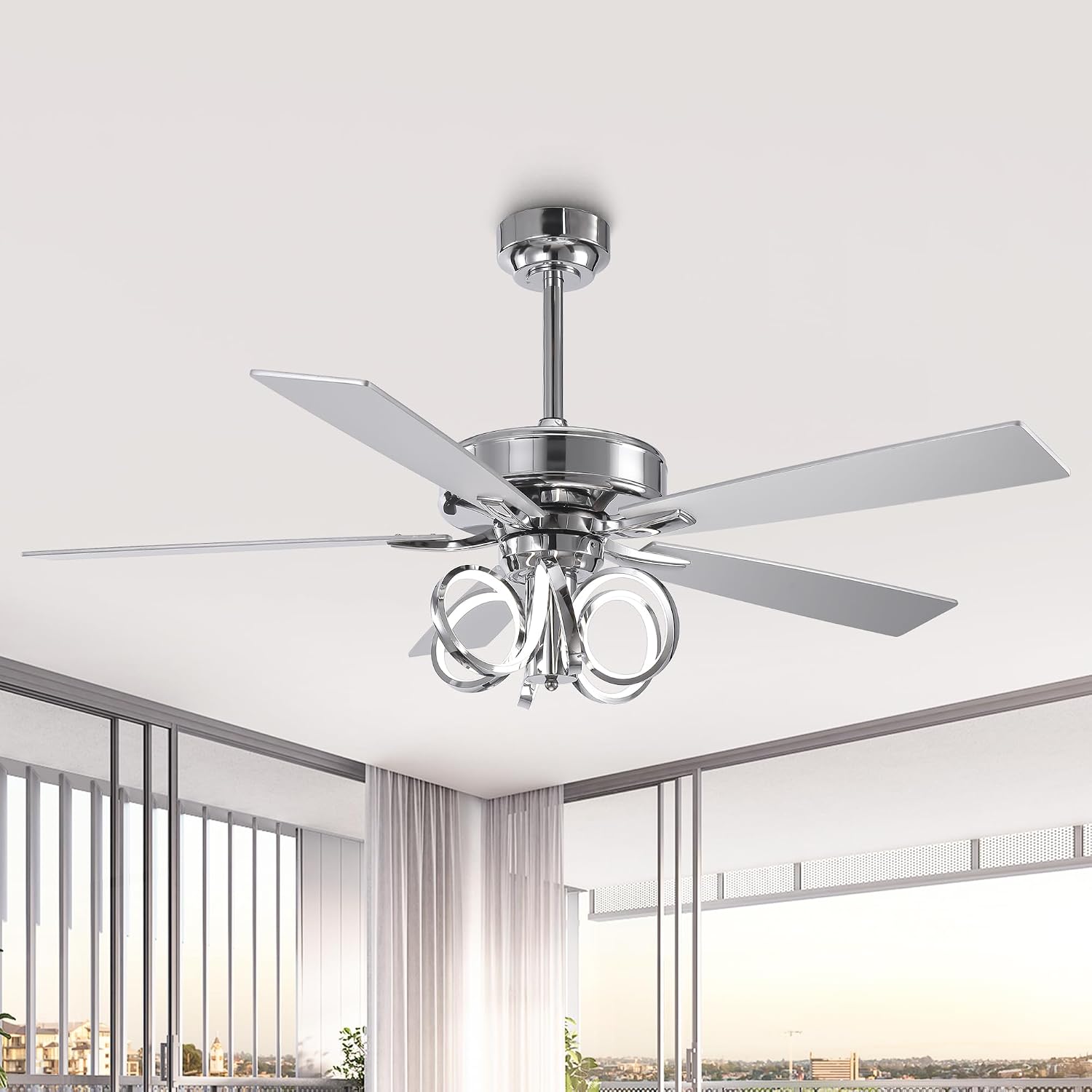 52 Inch Silver Ceiling Fans with Lights and Remote, Creative Modern Ceiling Fan for Bedroom Living Room with 3CCT, 6 Speeds, Timer, Dual-Sided Reversible 5 Blades Indoor Outdoor Chandelier Fan