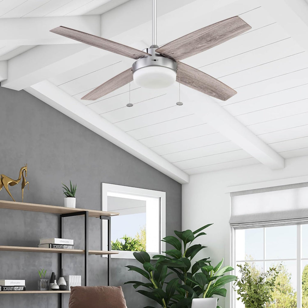 Prominence Home Memphis, 52 Inch Contemporary Indoor LED Ceiling Fan with Light, Pull Chain, Dual Mounting Options, 4 Dual Finish Blades, Reversible Motor - 51652-01 (Pewter)