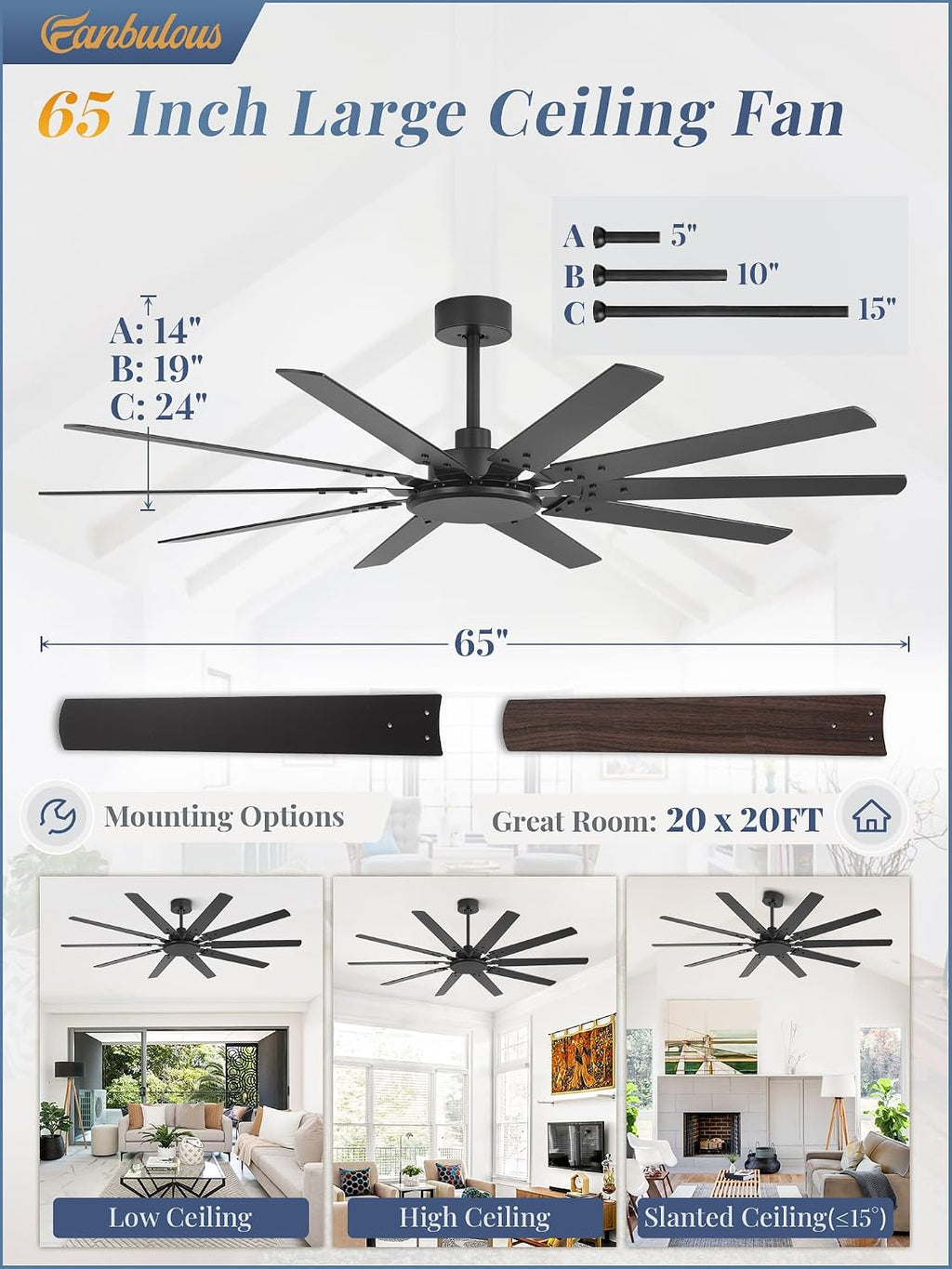 Fanbulous 65 Inch Large Ceiling Fan Without Light, Modern Indoor/Outdoor Ceiling Fans No Light with Remote,6-Speed Reversible Quiet DC Motor, 10 Blade for Bedroom,Living Room,Patio,Garage(Black)