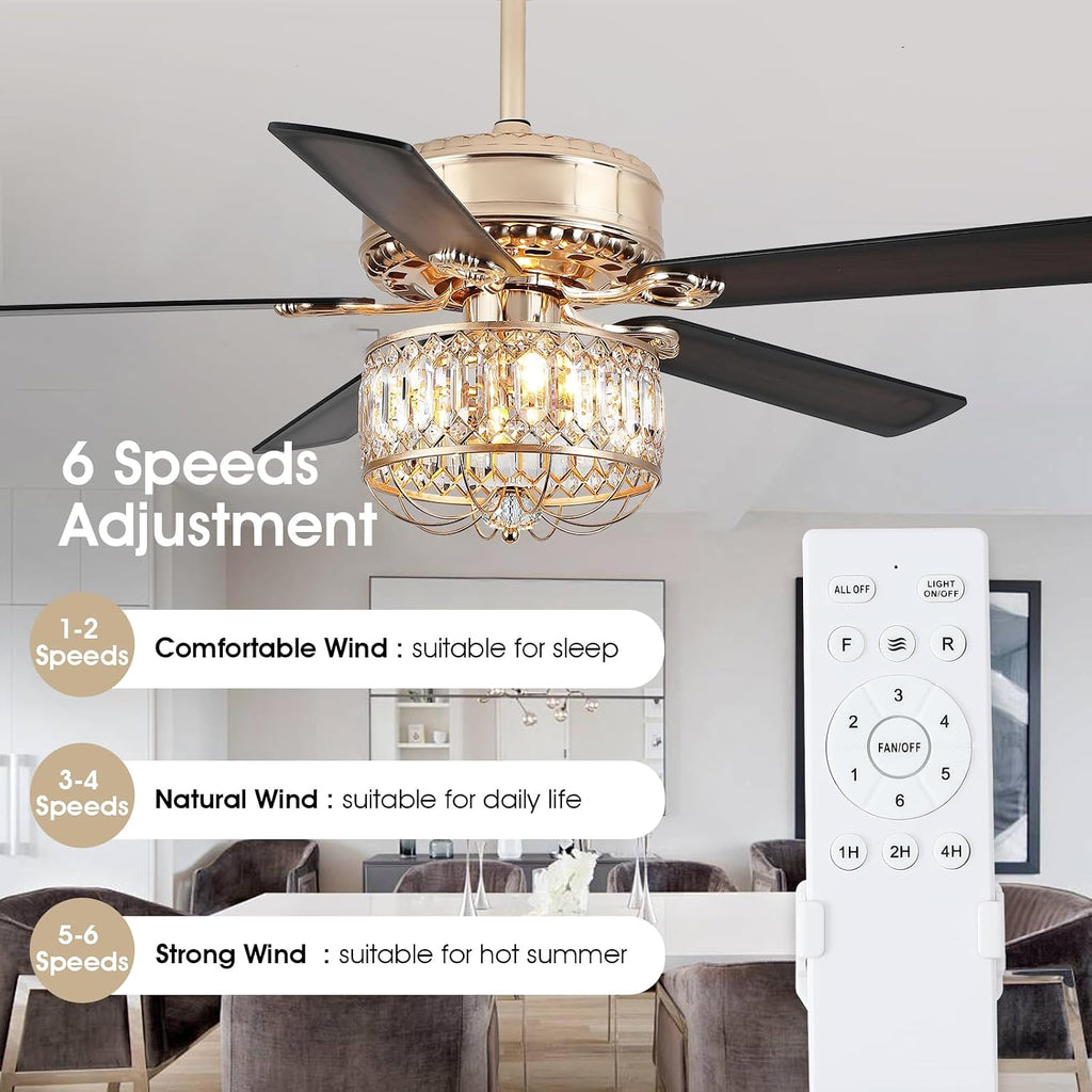 Kviflon Farmhouse Crystal Ceiling Fans with Lights and Remote, 52 Inch Chandelier Ceiling Fans, Gold Fandelier Ceiling Fan for Bedroom Living Room, Quiet DC Motor, Reversible, Bulb not Included