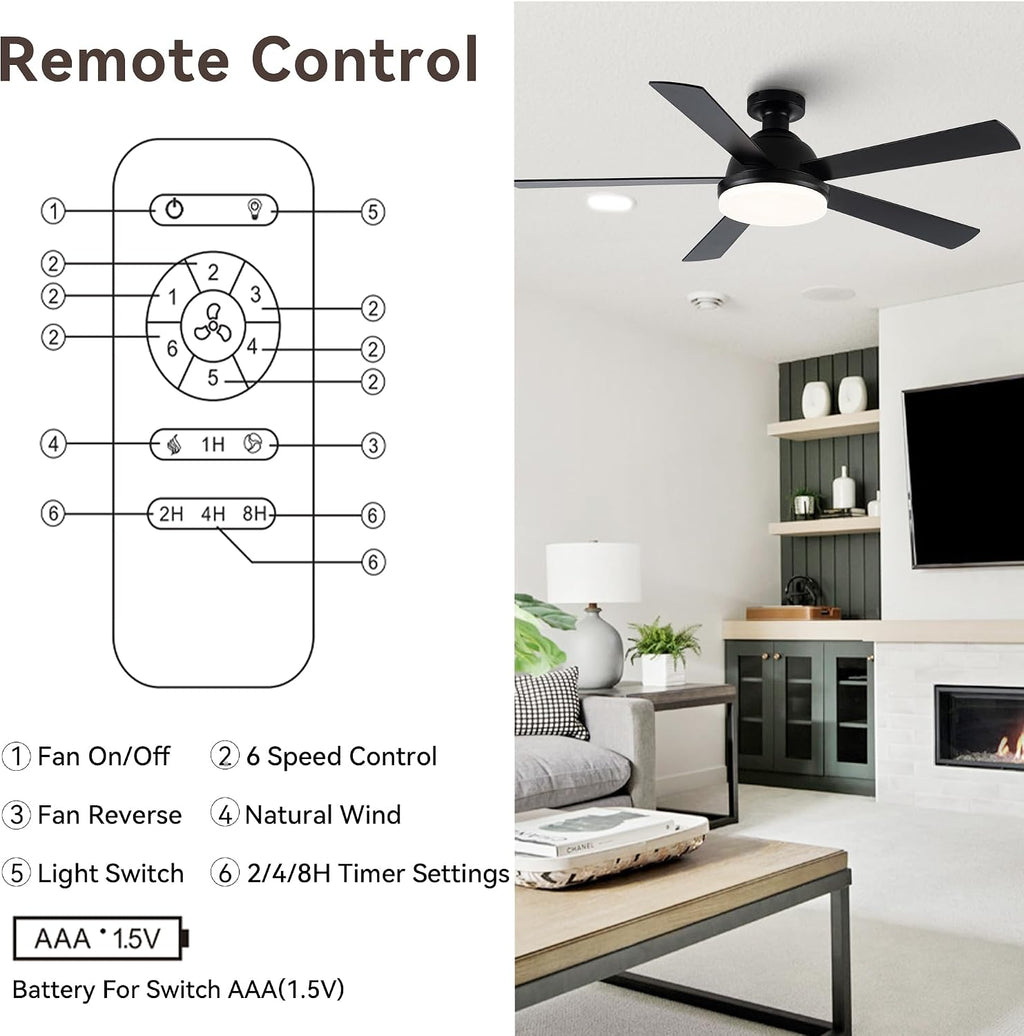 Black Ceiling Fans with Lights, 52 Inch Outdoor Ceiling Fans with Lights and Remote, Modern Indoor Bedroom Ceiling Fan Noiseless, Reversible Blades, DC Motor