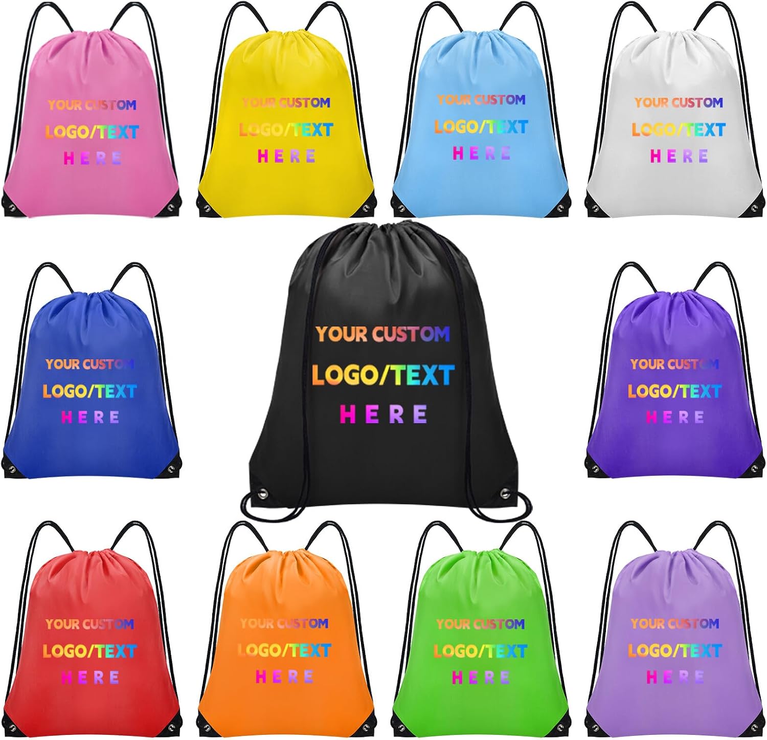 Grneric 100 Pcs Custom Drawstring Bags, Bulk Personalized Backpacks Promotional Item with Your Logo for Gym, Team Activities, Black