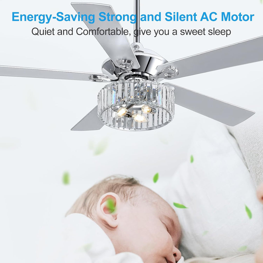 52' Ceiling Fan with Crystal Light Remote Control, 5 Reversible Blades, Quiet DC Motor, 6-Speed, Timer, Modern Crystal Caged Ceiling Fan Chandelier for Bedroom Living Room, Chrome