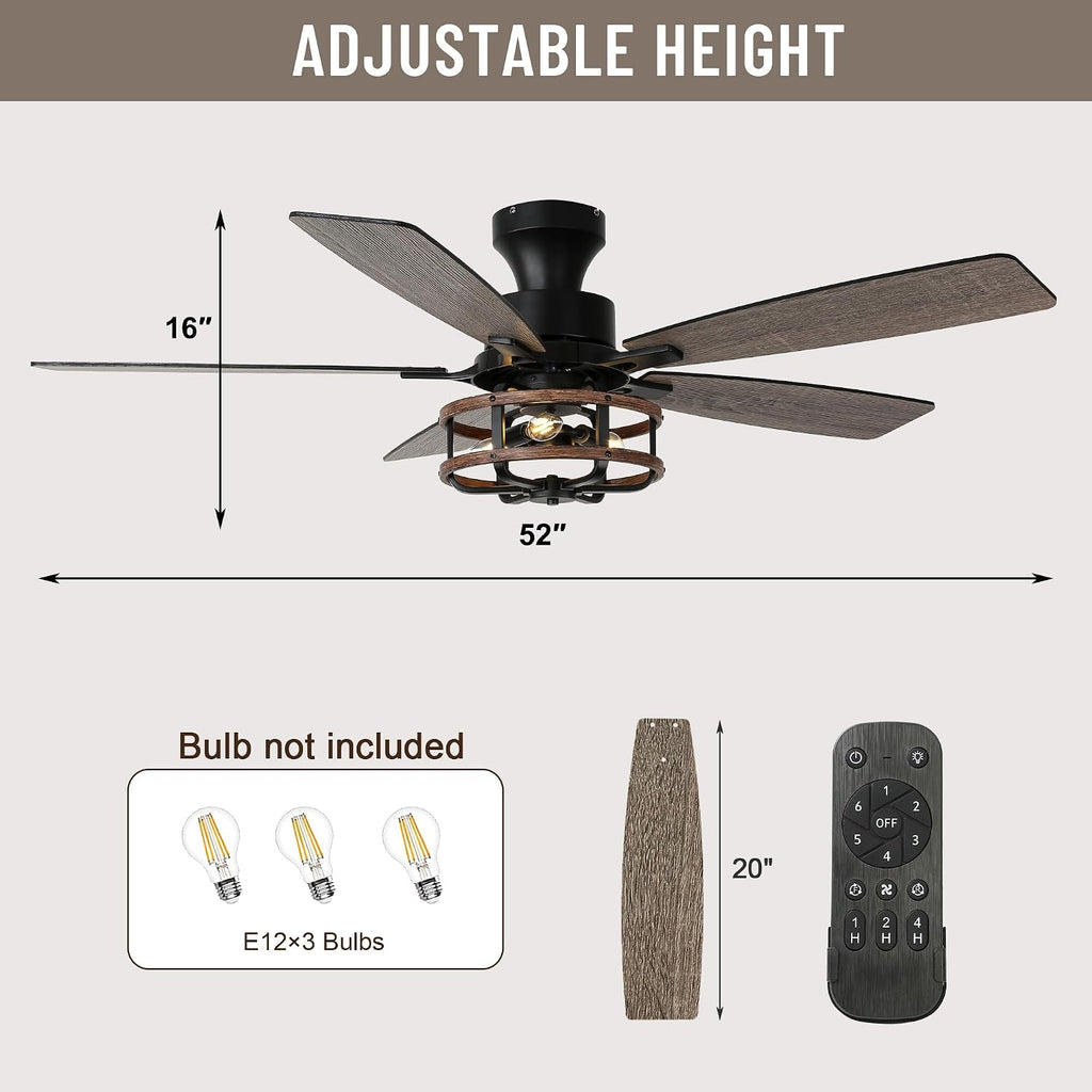 52' Farmhouse Ceiling Fans with Lights and Remote,Chandelier Ceiling Fan with 5 Double Colour Blades Reversible DC Motor,Rustic Caged Ceiling Fan for Living Room,Dining Room,Bedroom
