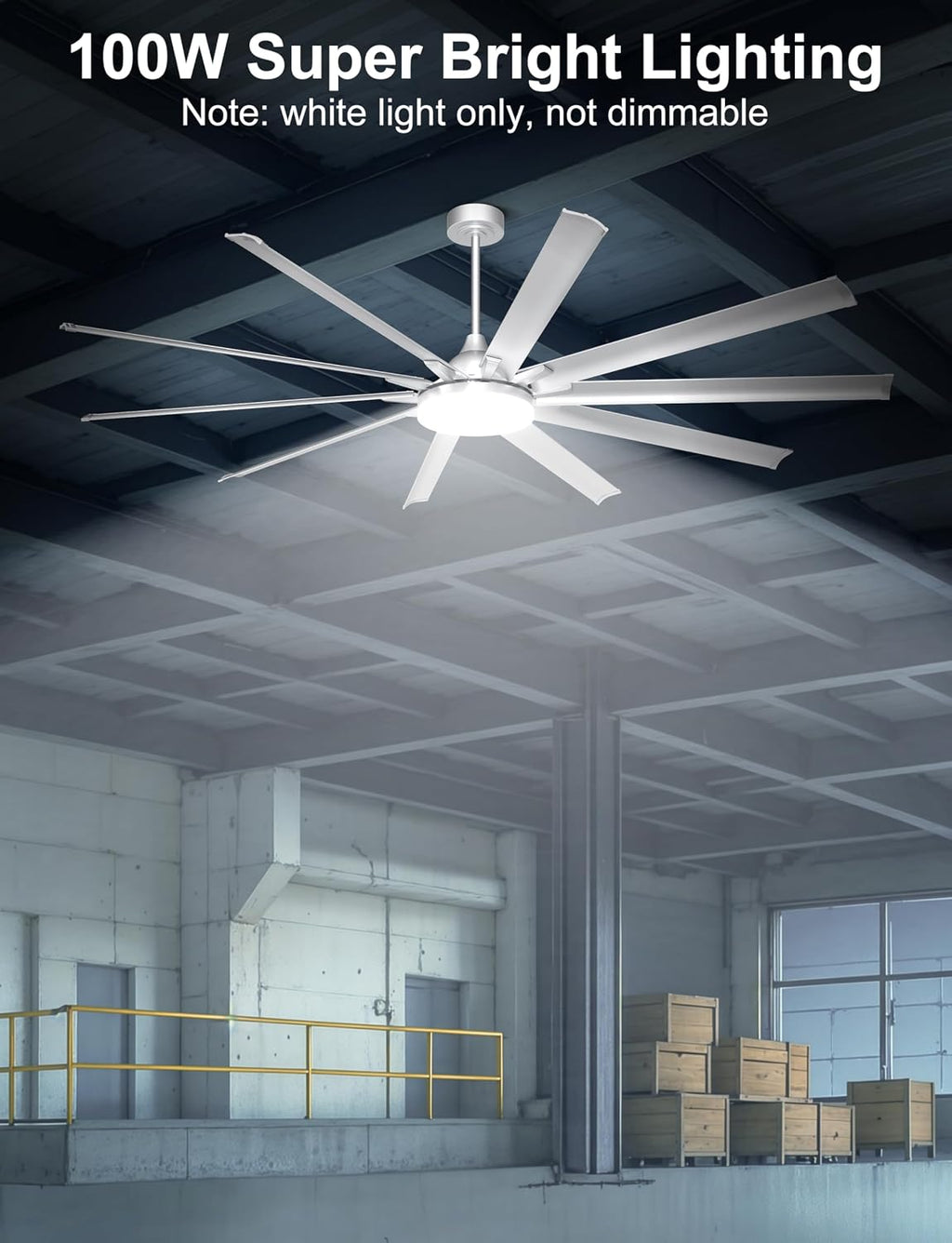 Ohniyou 96'' Industrial Ceiling Fan with Bright Lights - Remote/APP Control, High CFM, Large Ceiling Fan for Shop, Covered Outdoor, Great Room, Silver