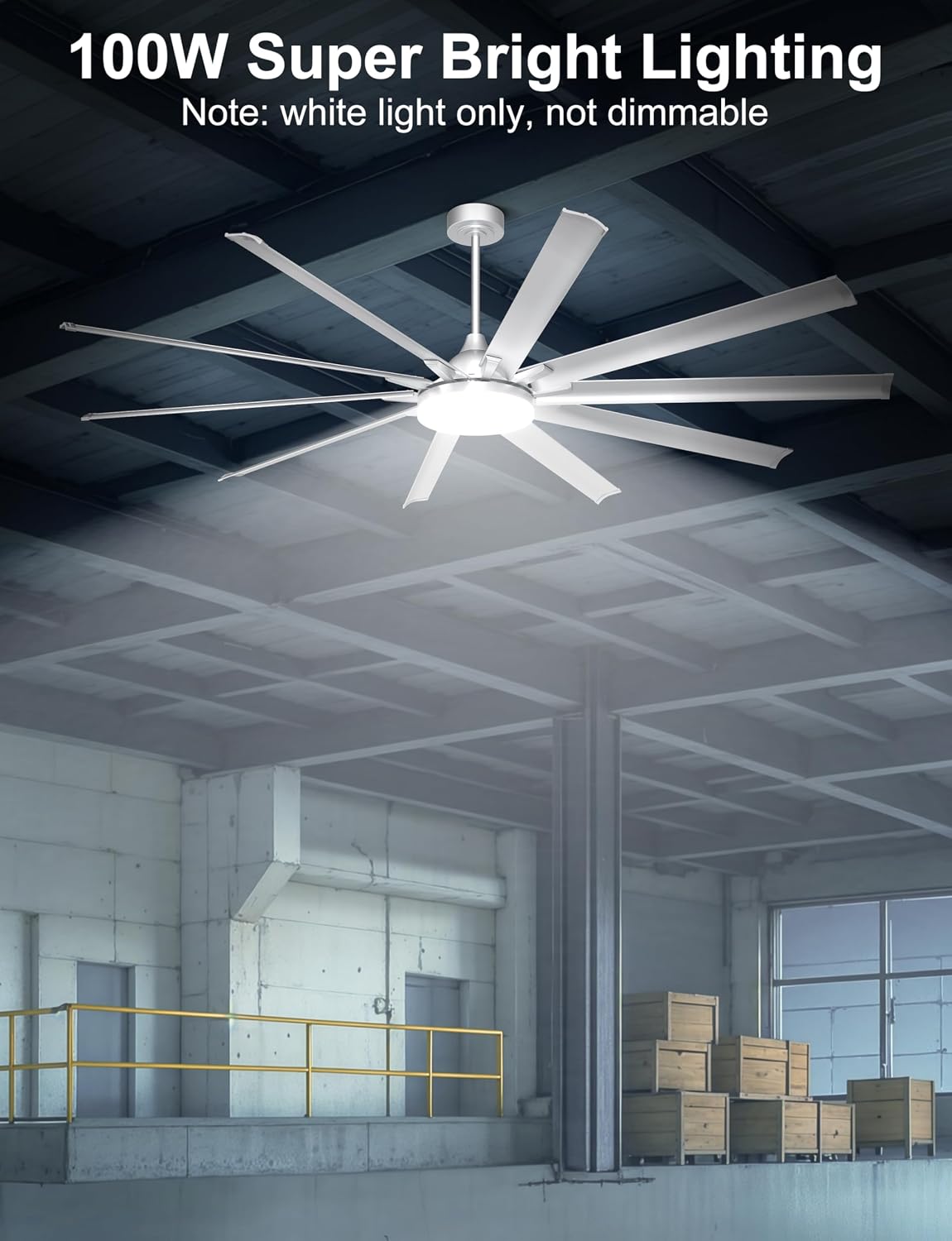 Ohniyou 96'' Industrial Ceiling Fan with Bright Lights - Remote/APP Control, High CFM, Large Ceiling Fan for Shop, Covered Outdoor, Great Room, Silver