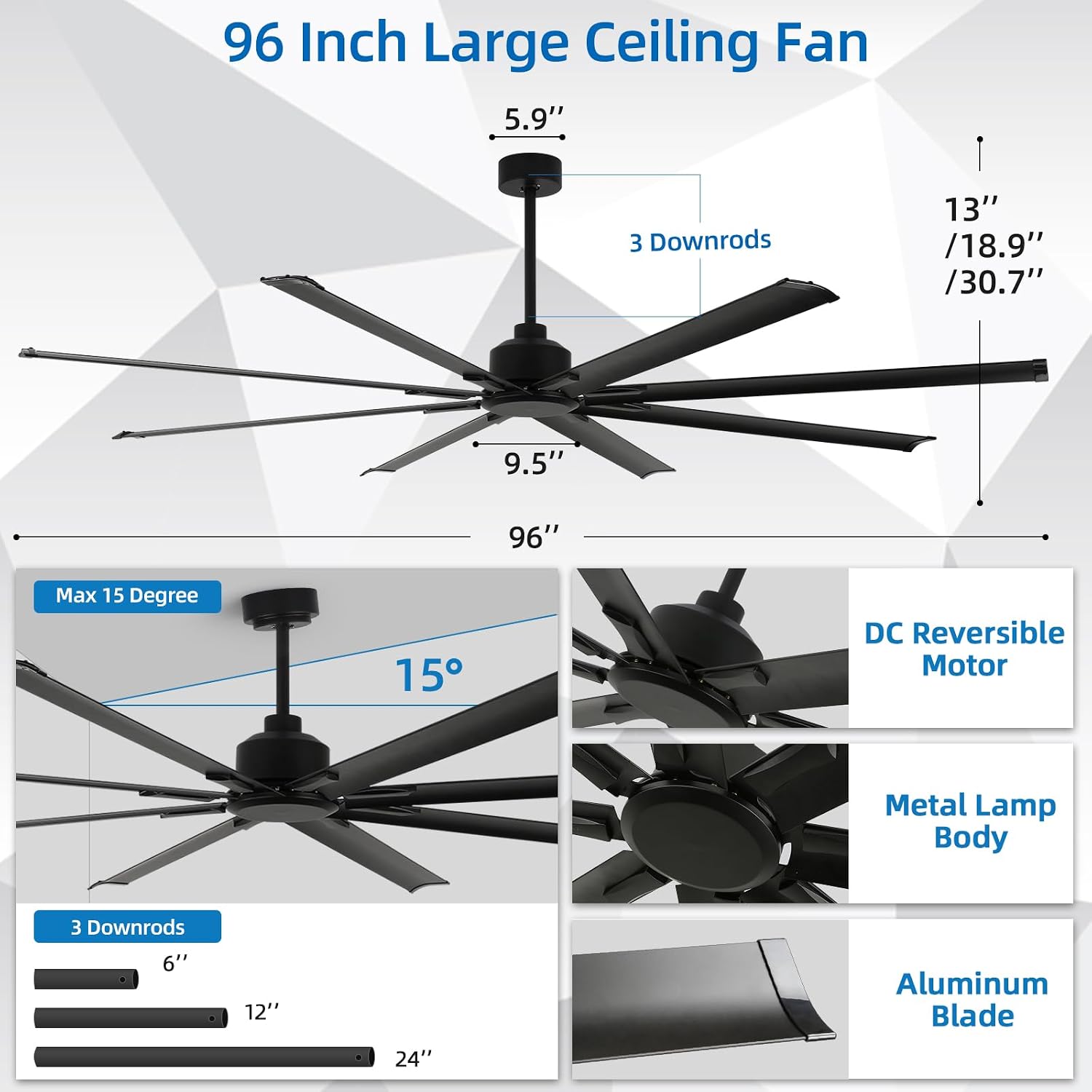 YYEHON 96 Inch Large Industrial Ceiling Fan no Lights, Reversible DC Motor, 3 Downrods, 6 Speed Remote Control, 8 Aluminum Blades, Outdoor Black Fans for Shop/Gym/Warehouse/Garage