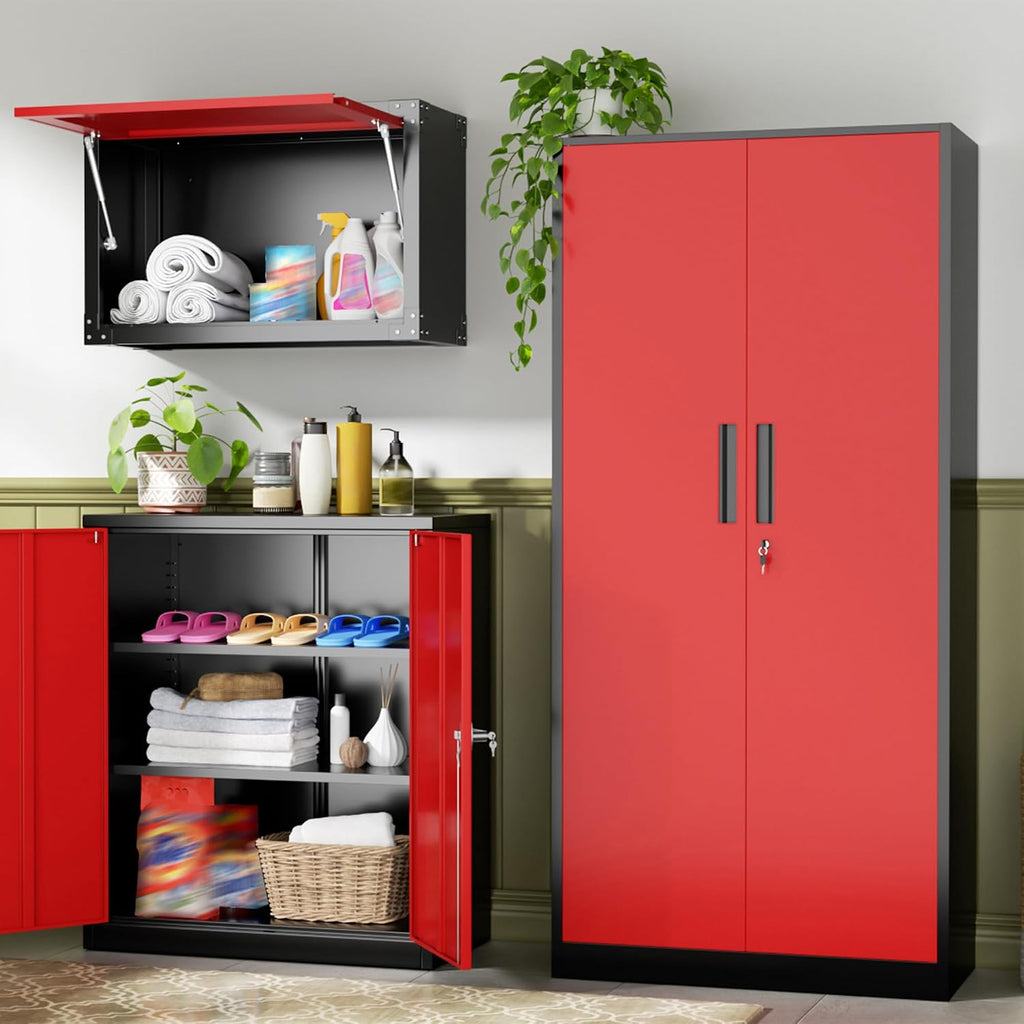 SUNCROWN Metal Garage Storage Cabinet, 72' Locking Steel Garage Cabinets with 2 Door and 4 Adjustable Shelves, Tall Metal Tool Cabinets for Home Office, Garage, School, Black Red