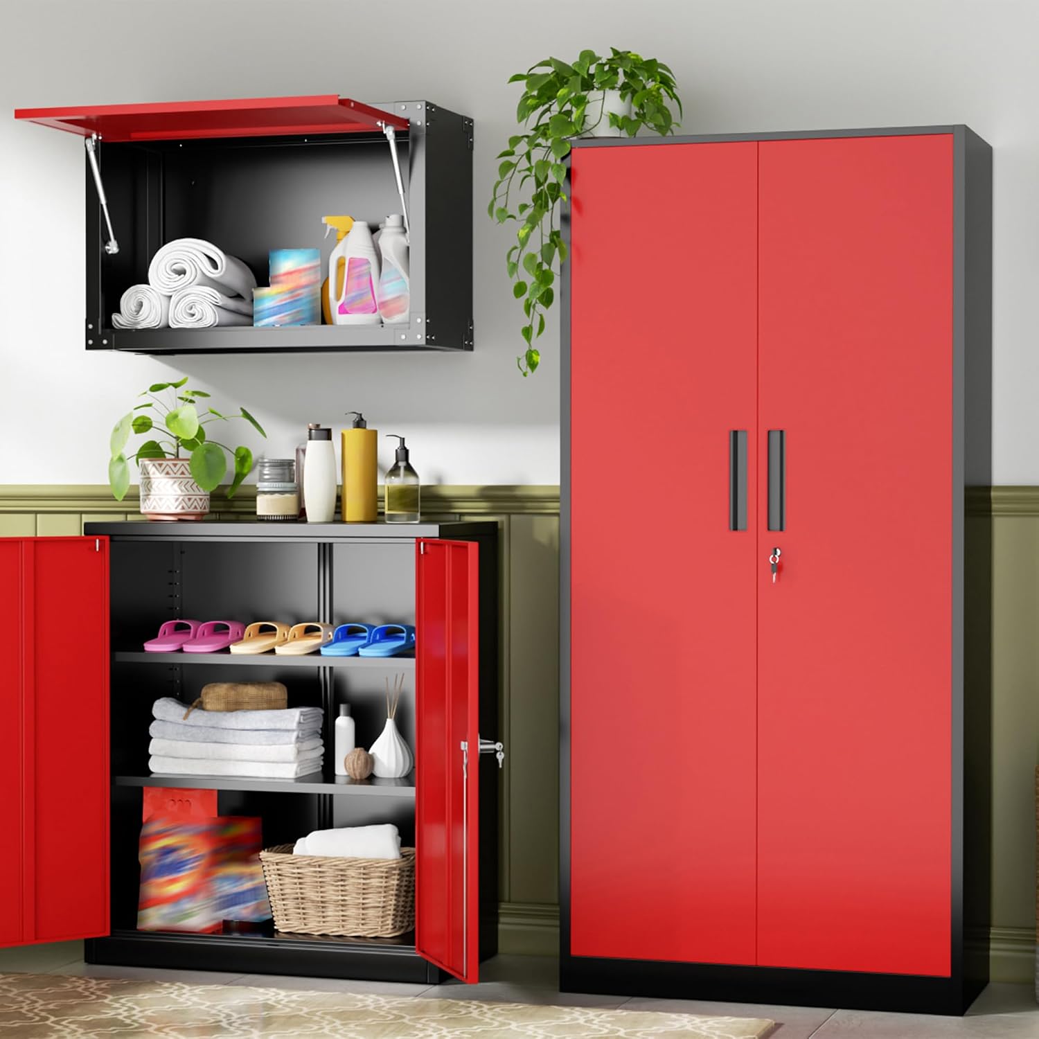 SUNCROWN Metal Garage Storage Cabinet, 72' Locking Steel Garage Cabinets with 2 Door and 4 Adjustable Shelves, Tall Metal Tool Cabinets for Home Office, Garage, School, Black Red