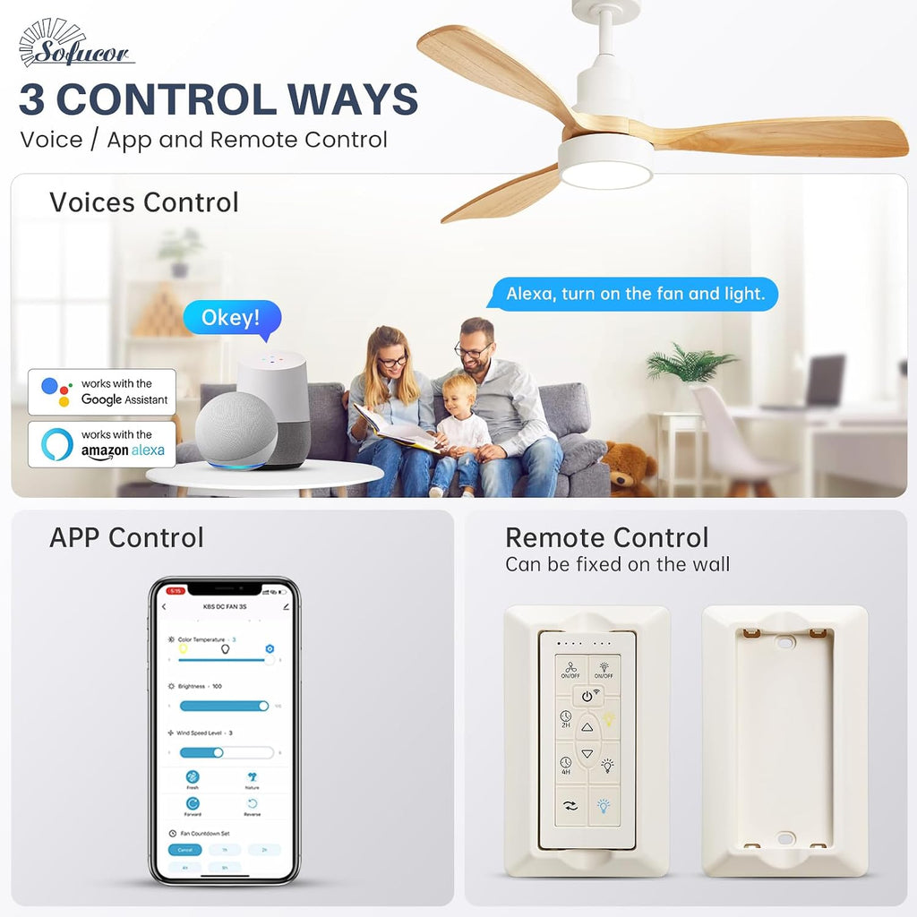 Sofucor 48 Inch Smart Ceiling Fan, Small Indoor/Outdoor Ceiling Fans with Lights and Remote, Work with Alexa/Google, Quiet DC Motor, 6 Speed, Solid Wood Ceiling Fans for Bedroom Living Room Patio