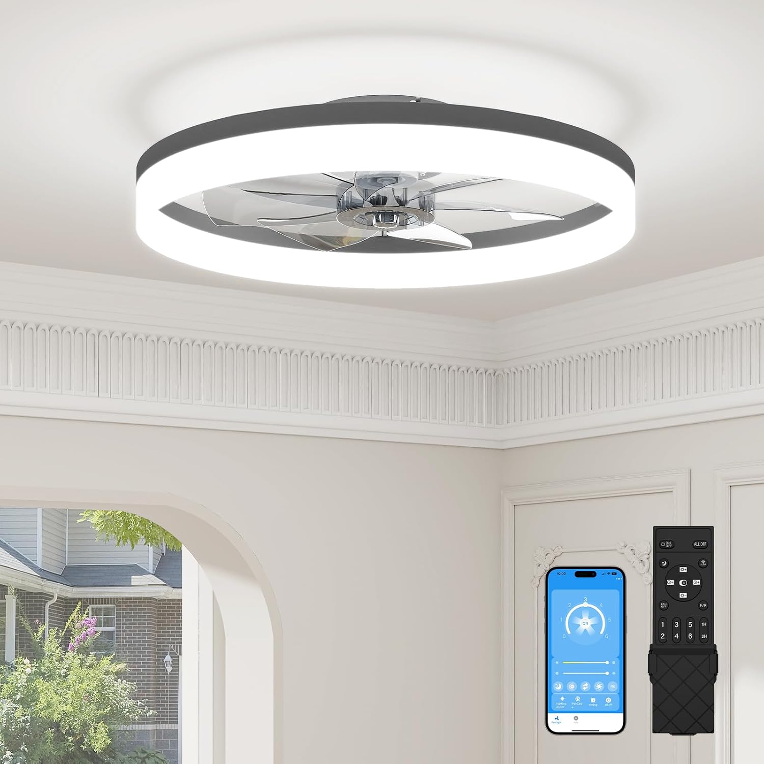 VOLISUN Low Profile Ceiling Fans with Lights and Remote, 23.6in Fandelier Ceiling Fan with Light, 3000K-6500K Dimmable Bladeless LED Fan Light, Black Flush Mount Ceiling Fans with Lights for Bedroom