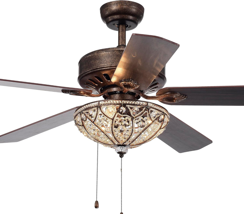 Gliska 52-Inch 5-Blade Rustic Bronze Lighted Ceiling Fans w Crystal Shade