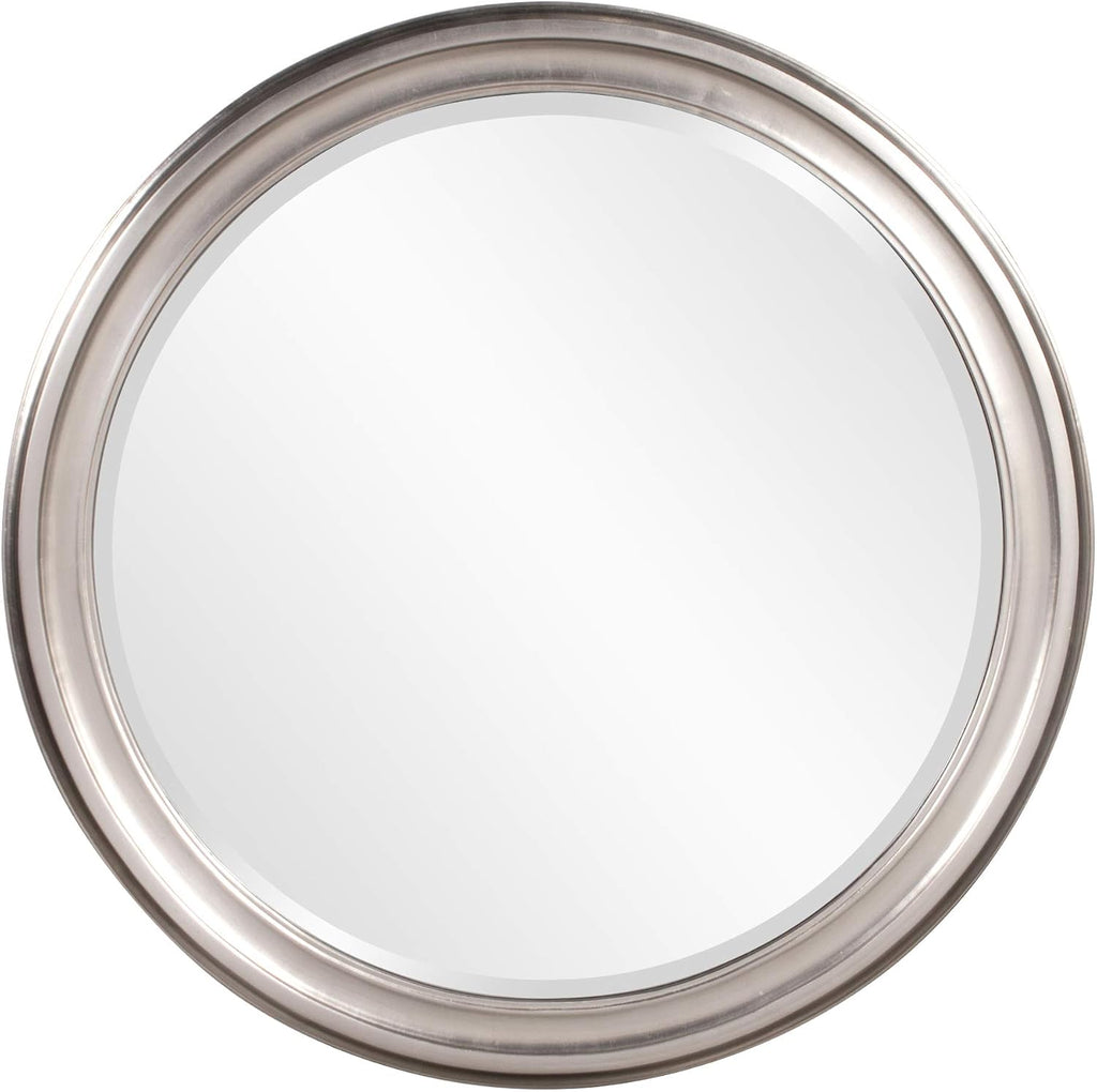 Howard Elliott George Round Brushed Nickel Wall Mirror, Bevelled Vintage Hanging Wood Framed Vanity Mirrors for Home Decor, Living Room, Bathroom, Bedroom, or Hallway, 36 Inch Round