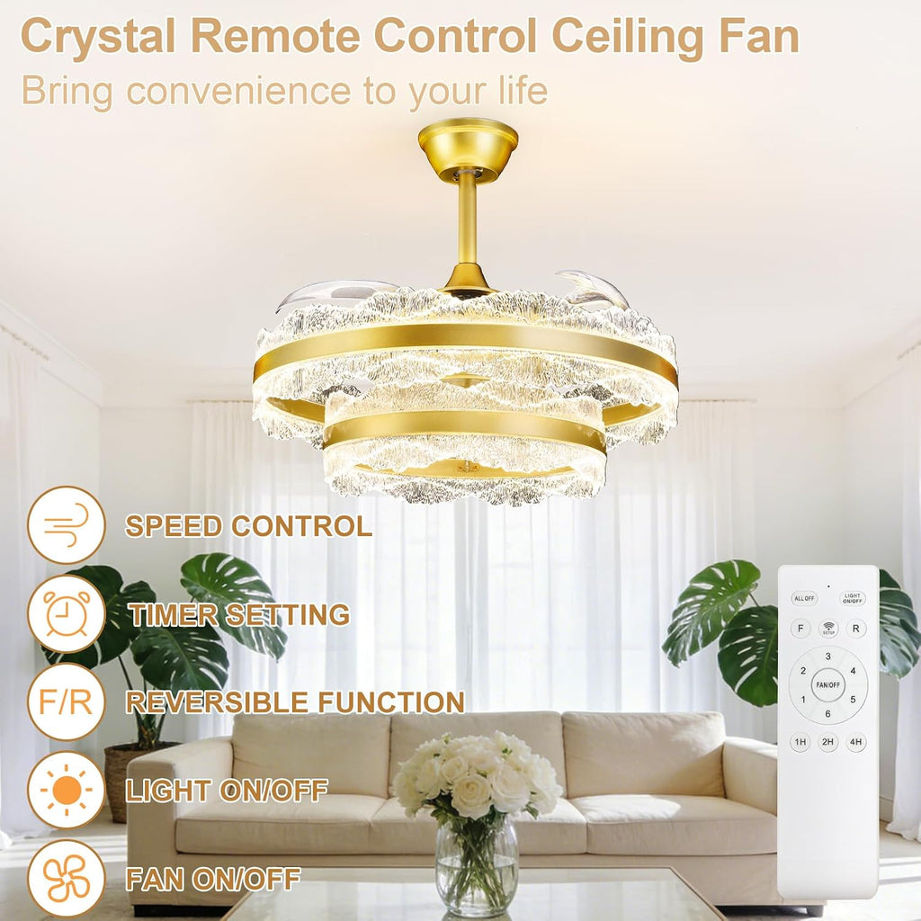 Depuley Fandelier Ceiling Fans with Lights: 24' Gold Cagd Fan with Remote Control - Crystal Chandelier Fan Light for Girl's Bedroom Living Room Nursery