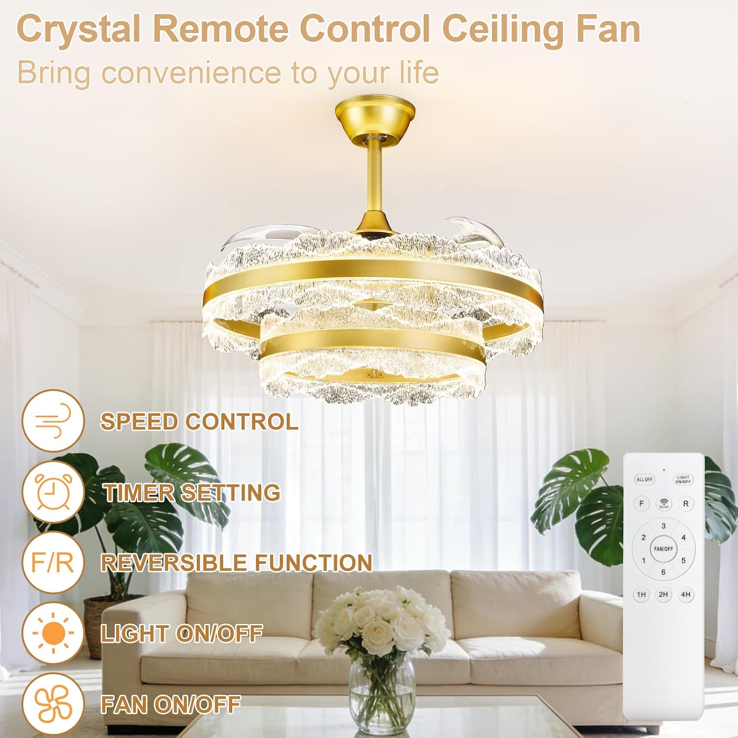 Depuley Fandelier Ceiling Fans with Lights: 24' Gold Cagd Fan with Remote Control - Crystal Chandelier Fan Light for Girl's Bedroom Living Room Nursery